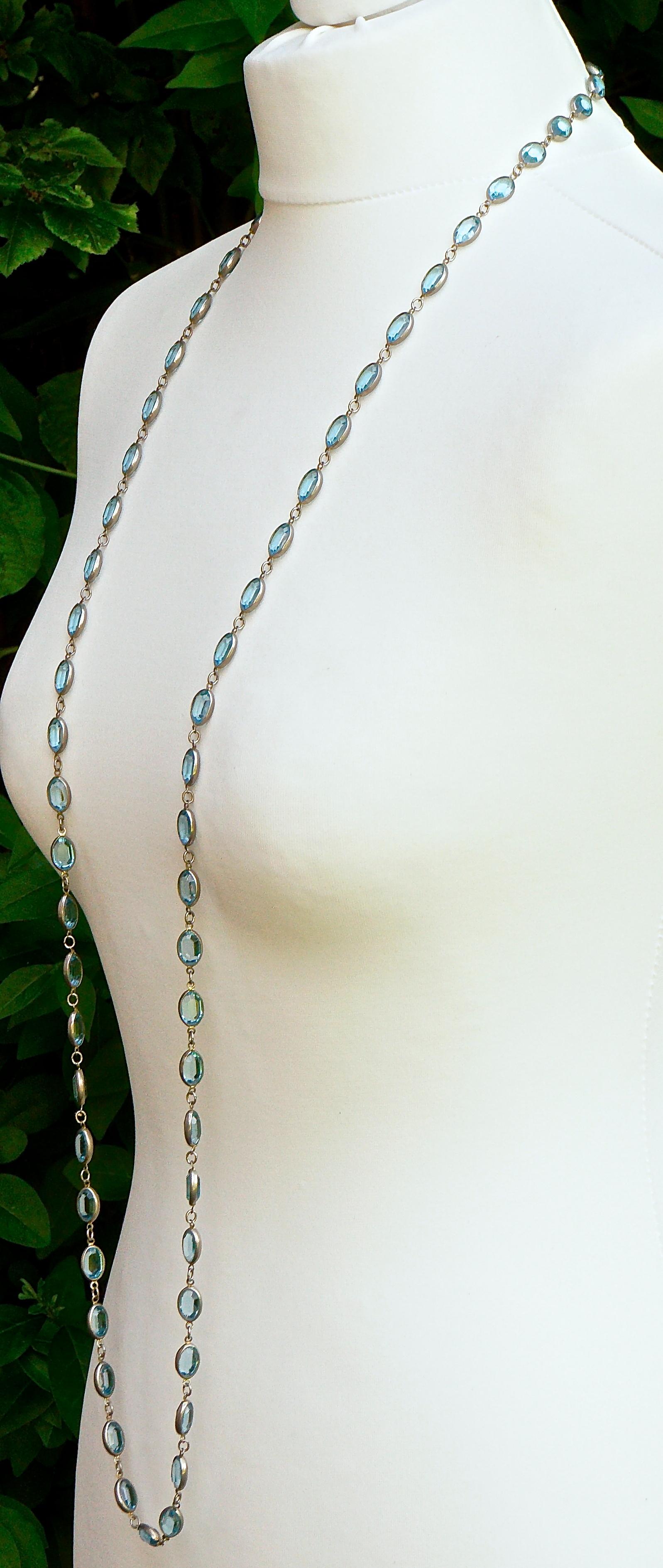 Women's or Men's Long Silver Tone and Bezel Set Open Back Oval Blue Glass Link Necklace