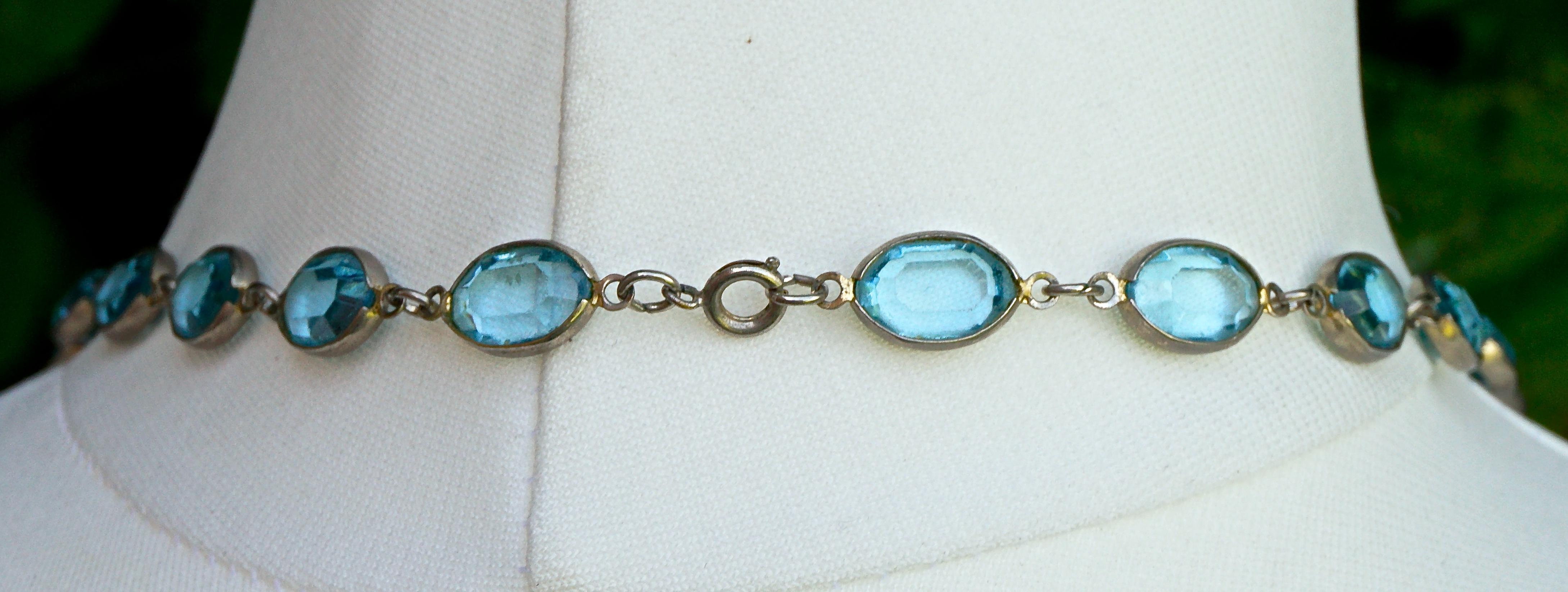 Long Silver Tone and Bezel Set Open Back Oval Blue Glass Link Necklace 1