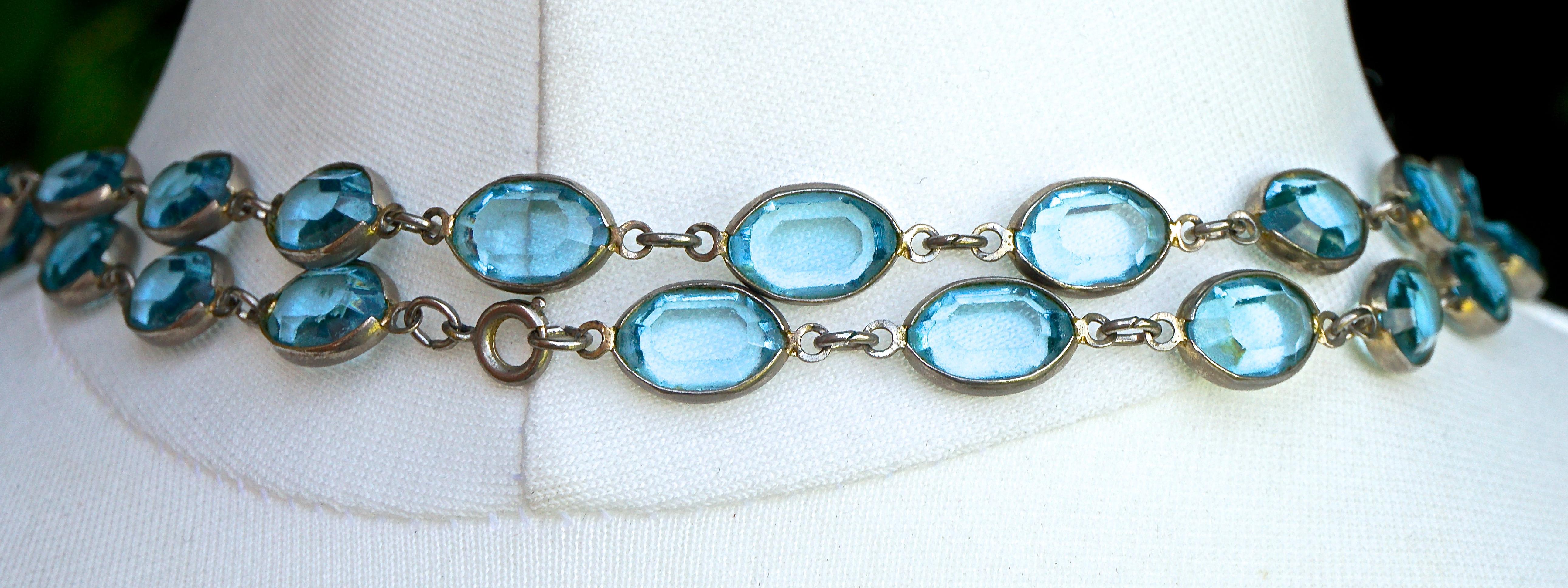 Long Silver Tone and Bezel Set Open Back Oval Blue Glass Link Necklace 4