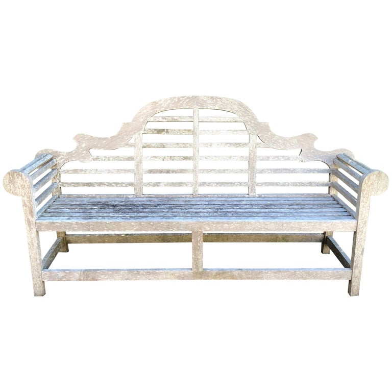Long Silvered English Lutyens-Style Bench in Teak For Sale