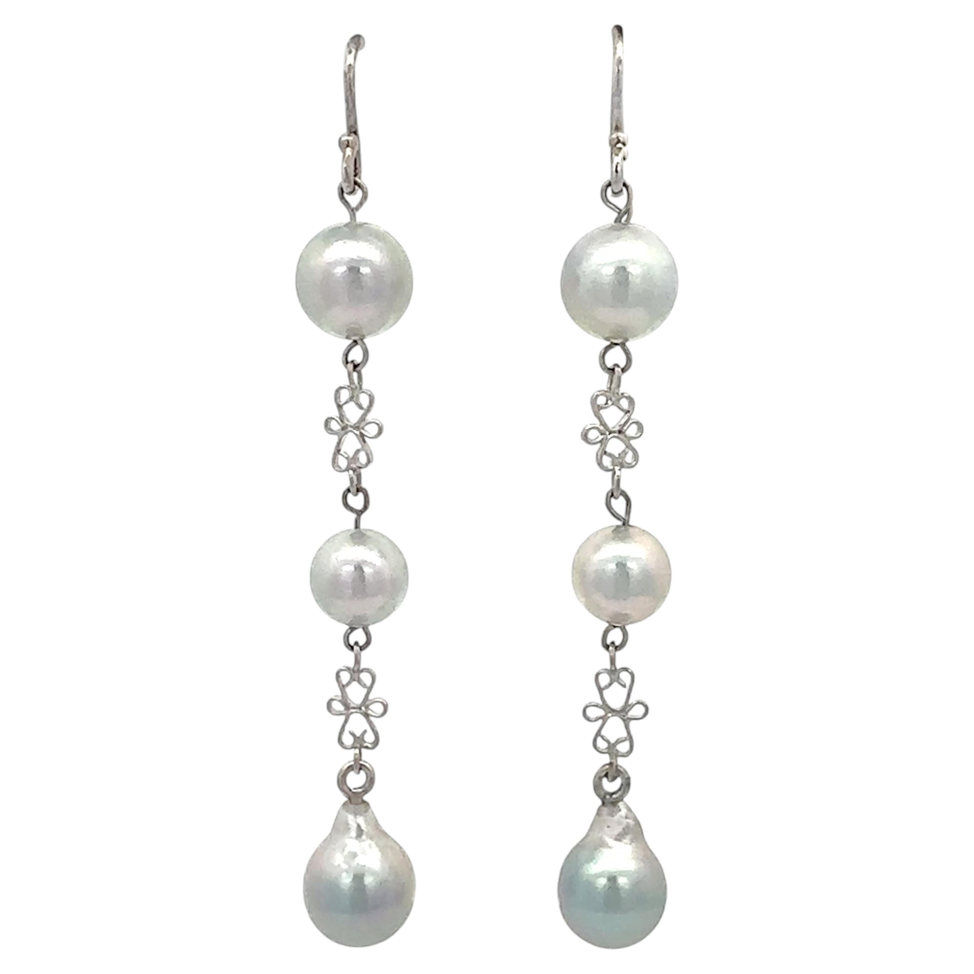 Long Silvery-Blue Akoya Pearl Dangle Earrings with 14K White Gold Fancy Links