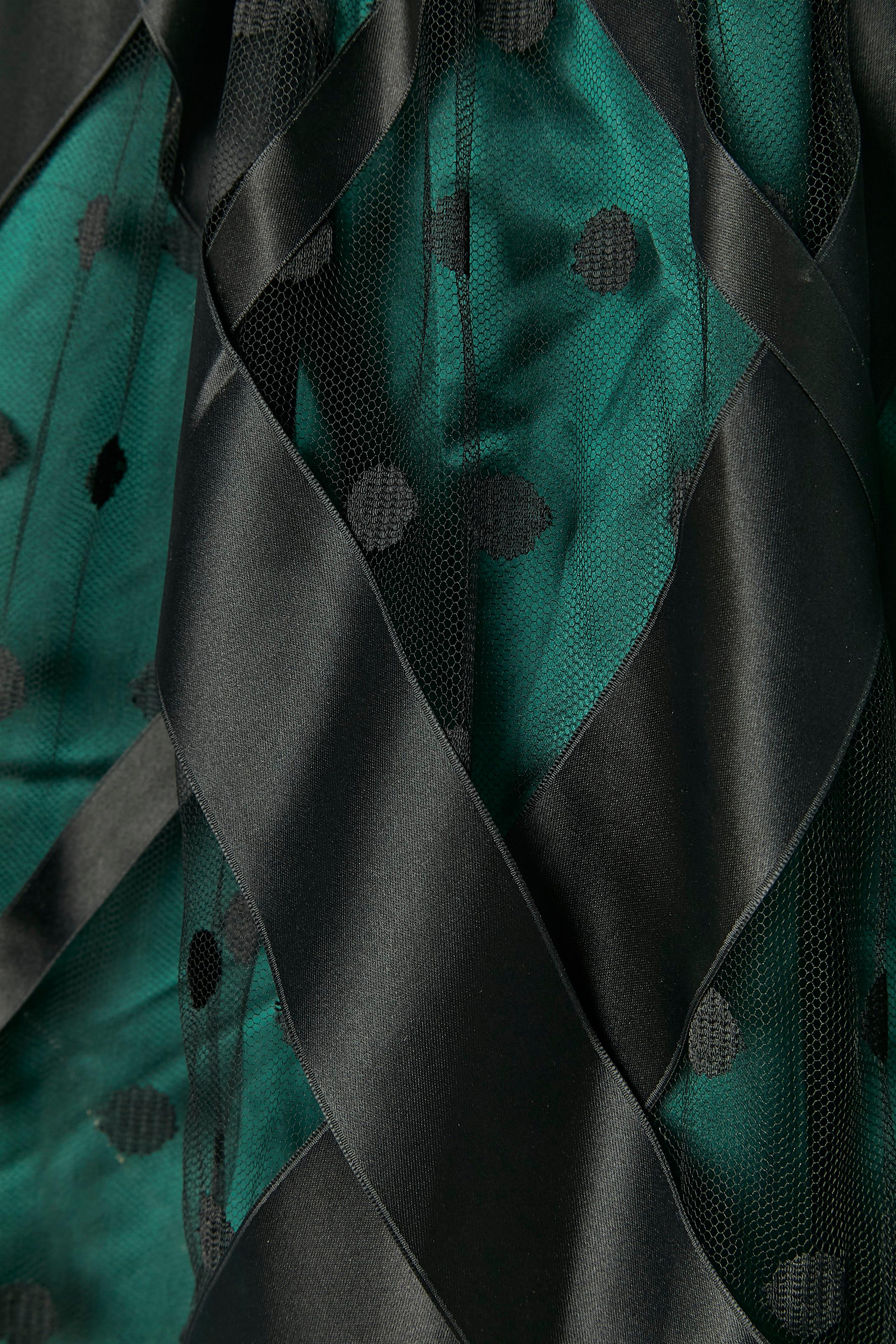 Black Long skirt in green satin, tulle and black ribbon appliqué Gianfranco FERRE For Sale