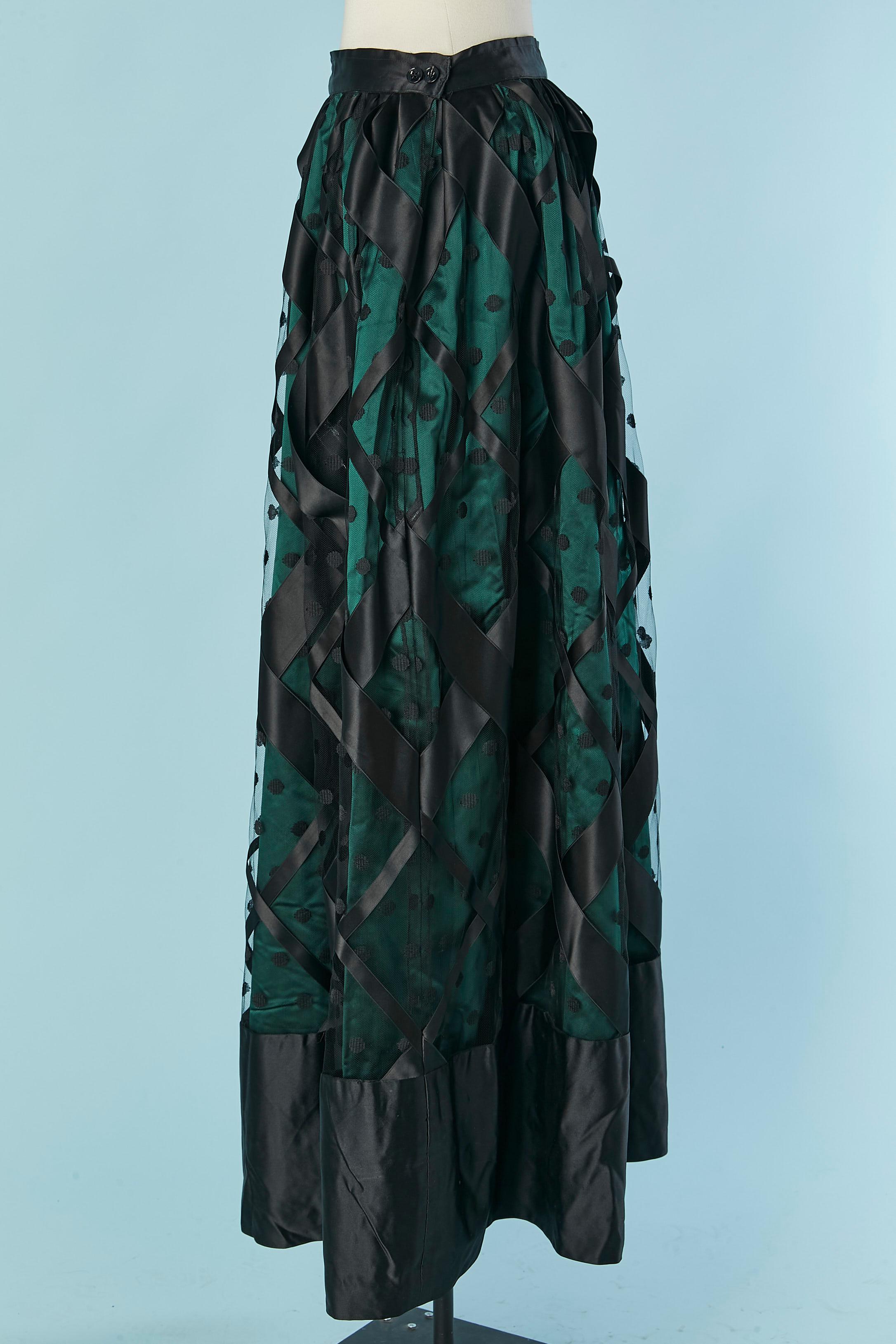 Women's Long skirt in green satin, tulle and black ribbon appliqué Gianfranco FERRE For Sale