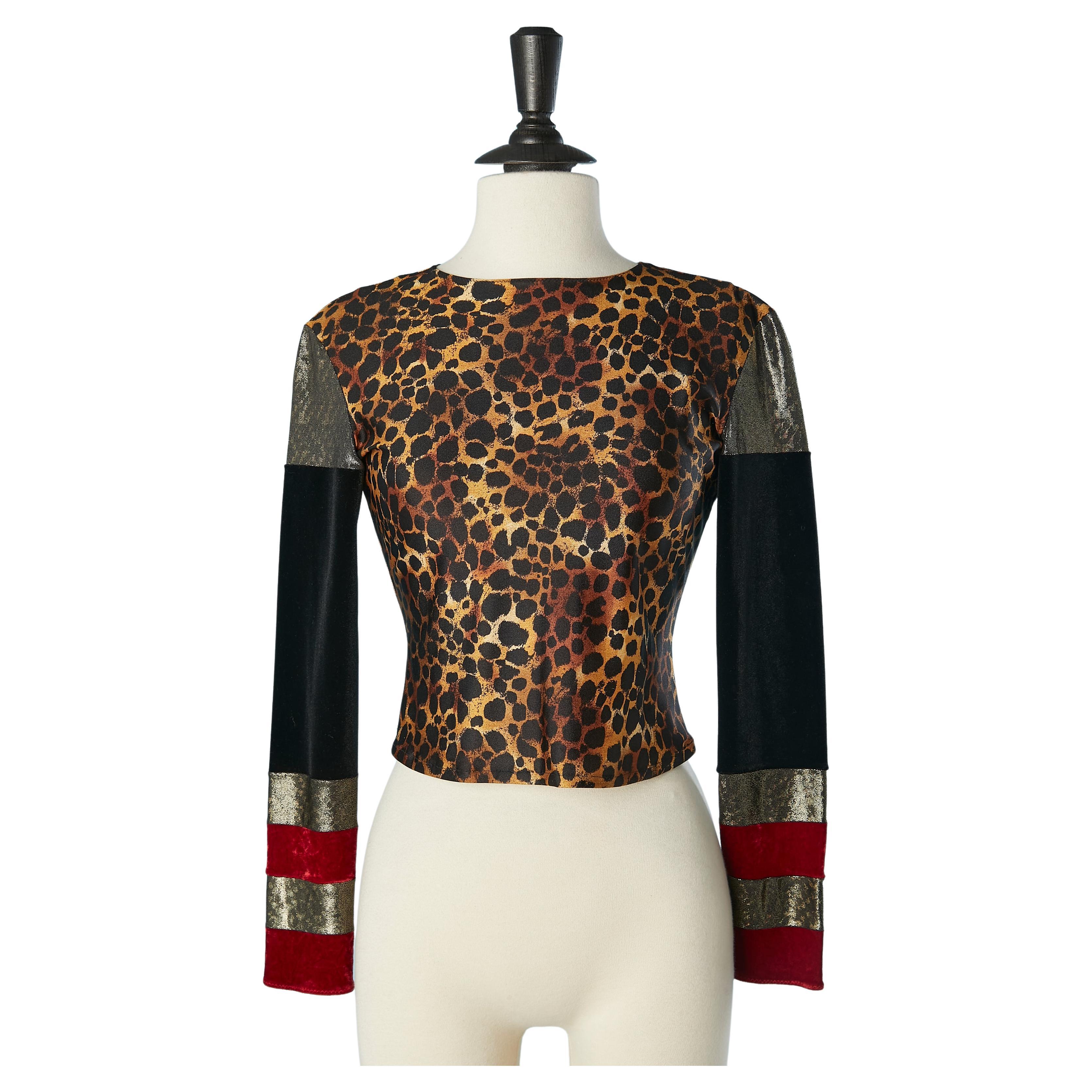 Long sleeve leopard printed tee-shirt with velvet and jersey Christian Lacroix  For Sale
