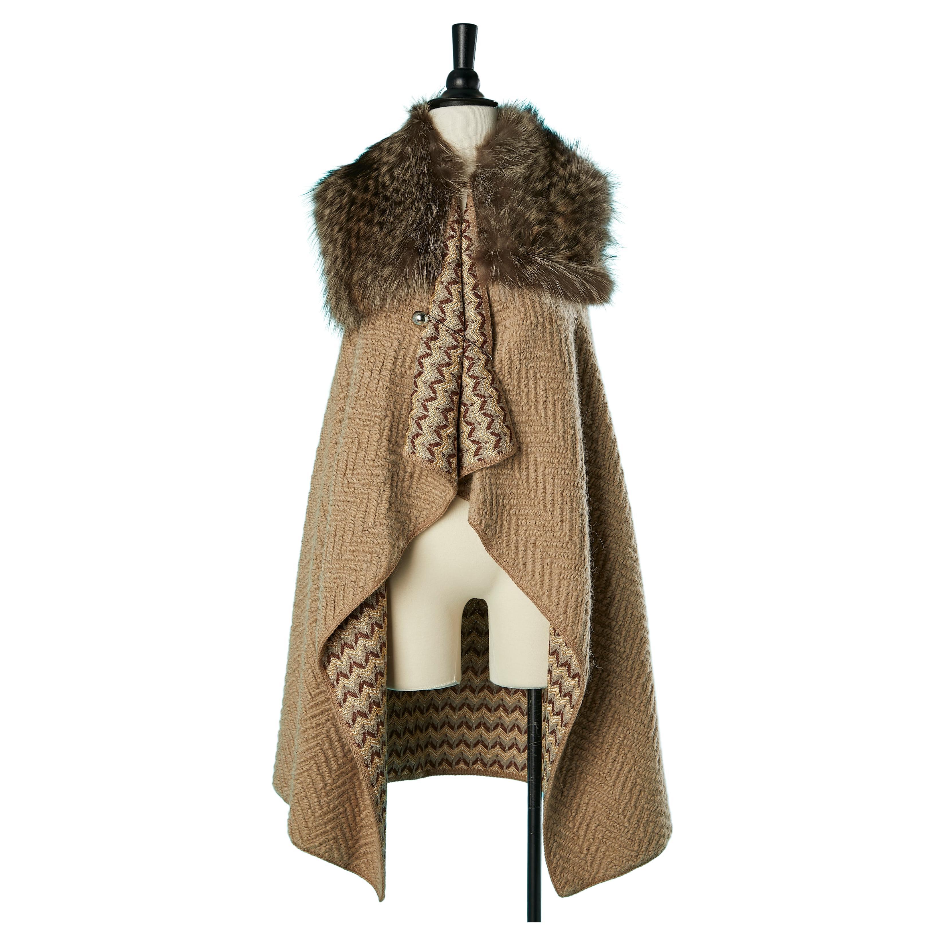 Long sleeveless knit vest with fur collar and oversize safety-pin Missoni Double For Sale