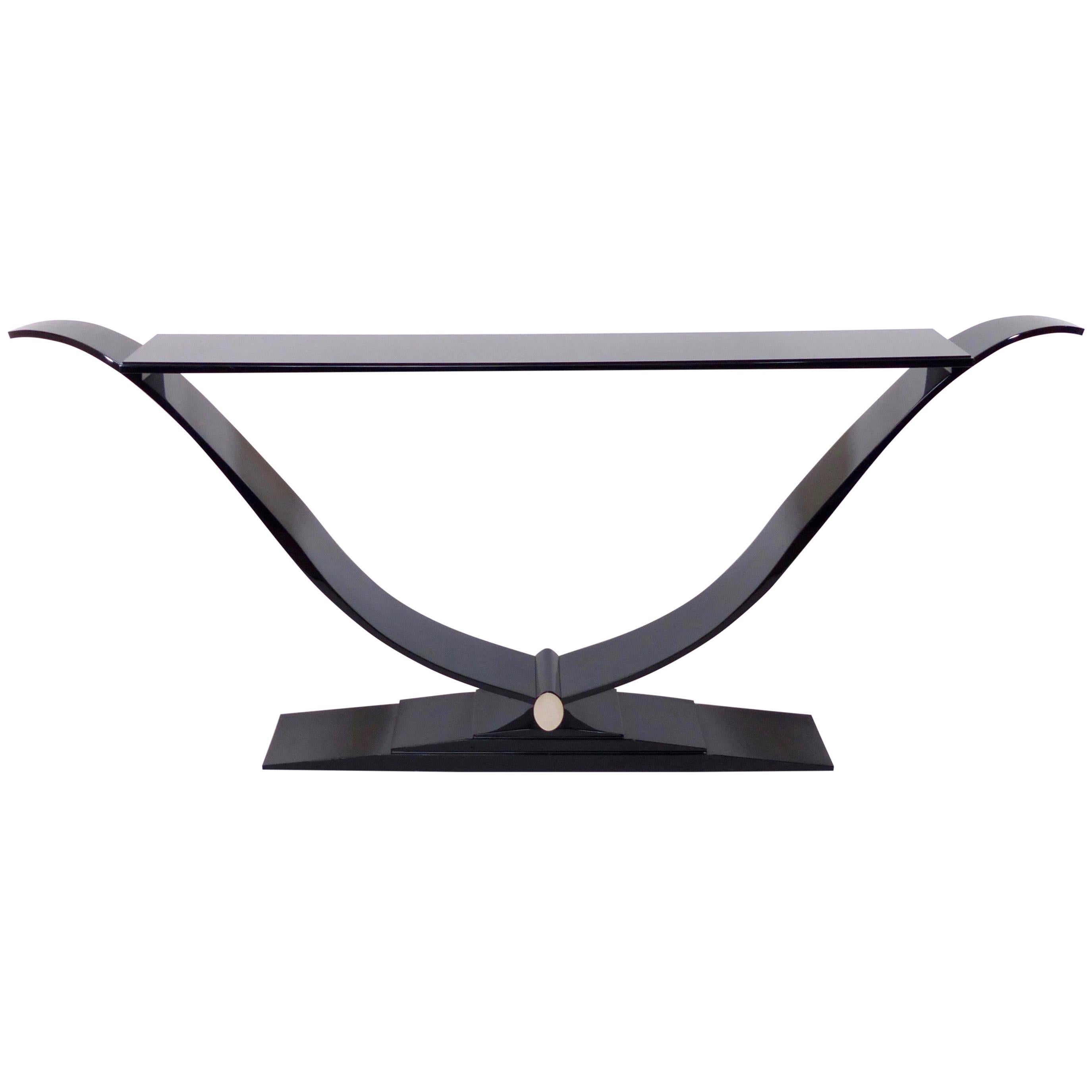 Long Slender Art Deco Style Console Table in Black Piano Lacquer
