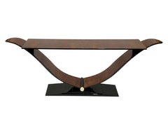 Long Slender Art Deco Style Console Table in Burl Wood and Black Piano Lacquer