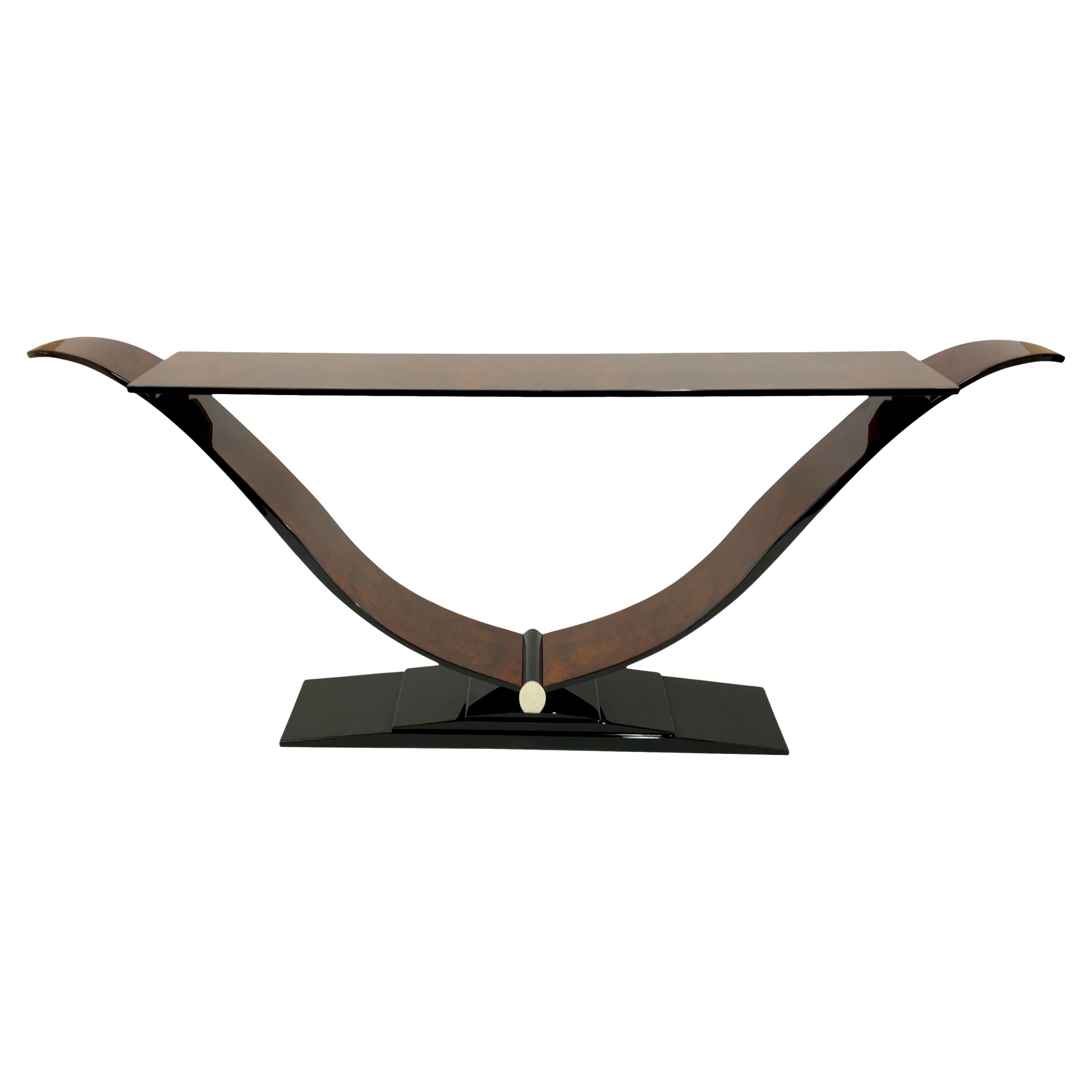 Long Slender Art Deco Style Console Table in Burl Wood and Black Piano Lacquer For Sale