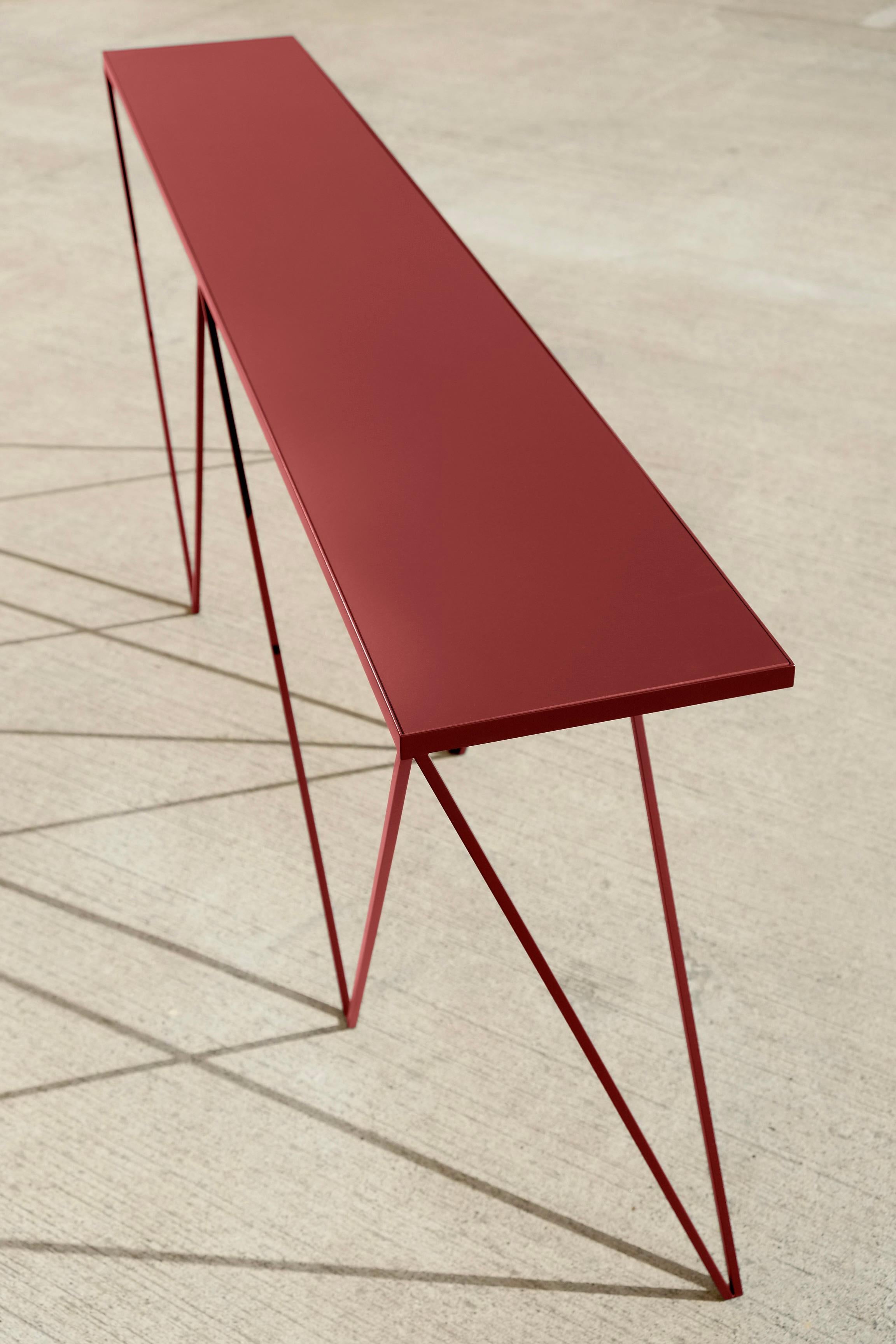 British Long Slim Burgundy Giraffe Console Table - Customisable Colour & Size For Sale