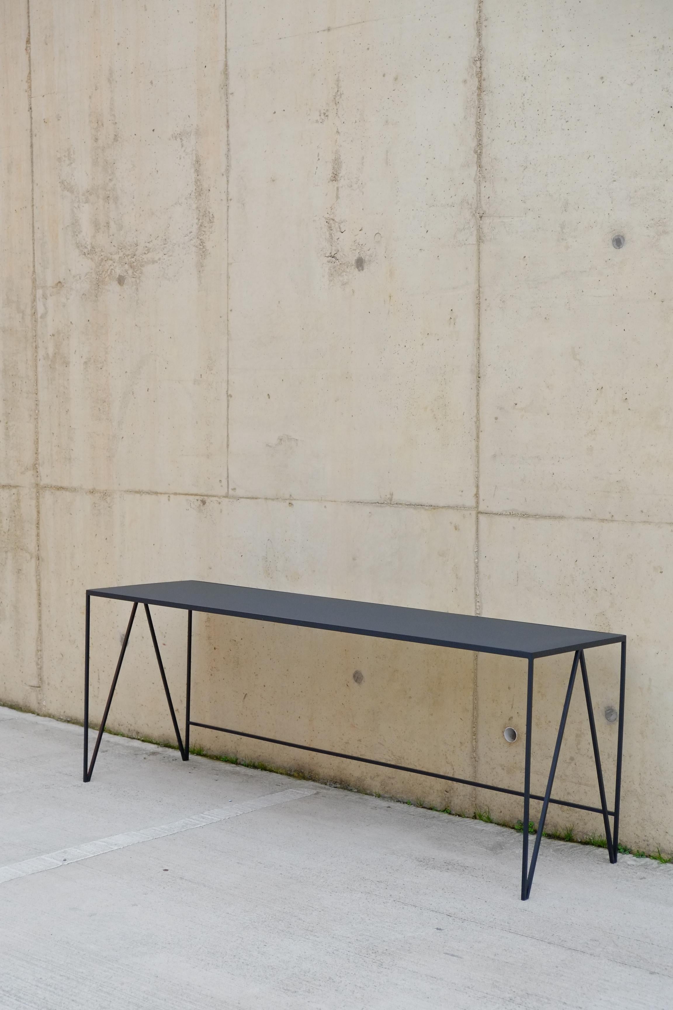 Modern Study Desk / Large Console Table in Charcoal Linoleum and Steel For Sale