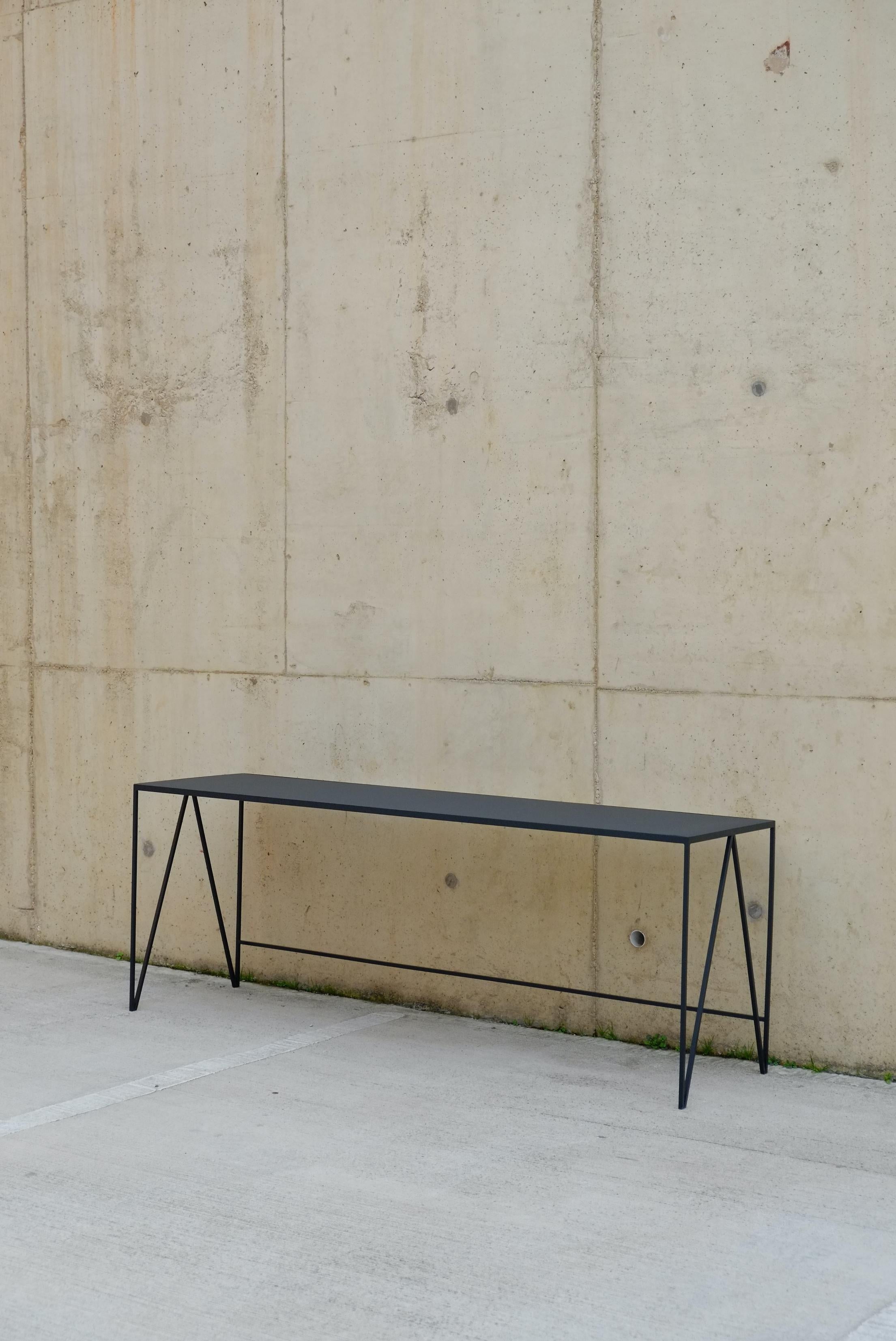 English Study Desk / Large Console Table in Charcoal Linoleum and Steel For Sale