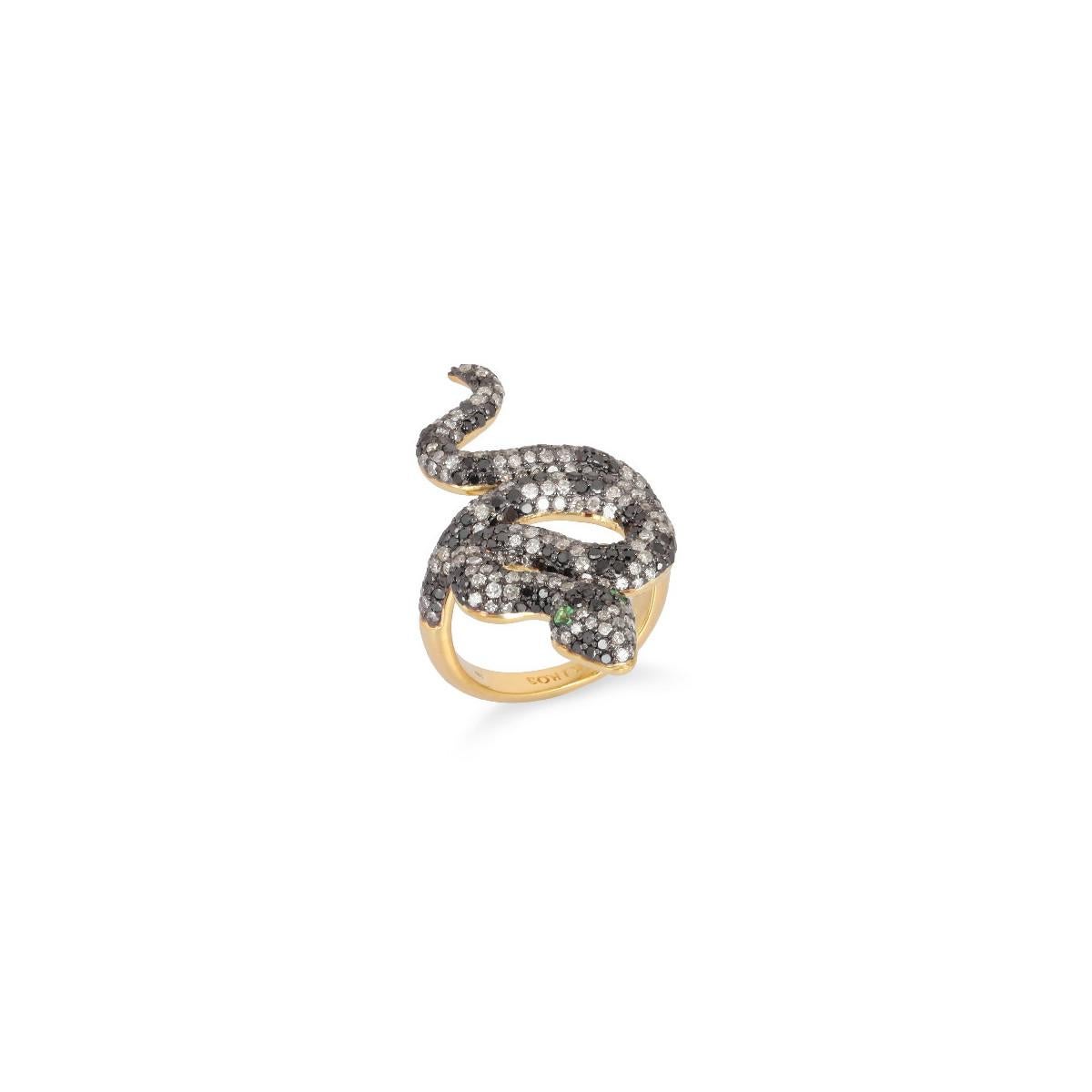 Snake Ring in 18 K Gold, Silver,  Diamonds and Tsavorites
Ring in 18K gold weighing 2.28 g, silver 5.62 g, 345 diamonds 2.44 ct and 2 tsavorites 0.04 ct

   Size 14
◘ Weight 8,02 gr.
◘ Gold Weight 2,28 gr.  
◘  Silver Weight 5,62 gr  
◘ Diamonds