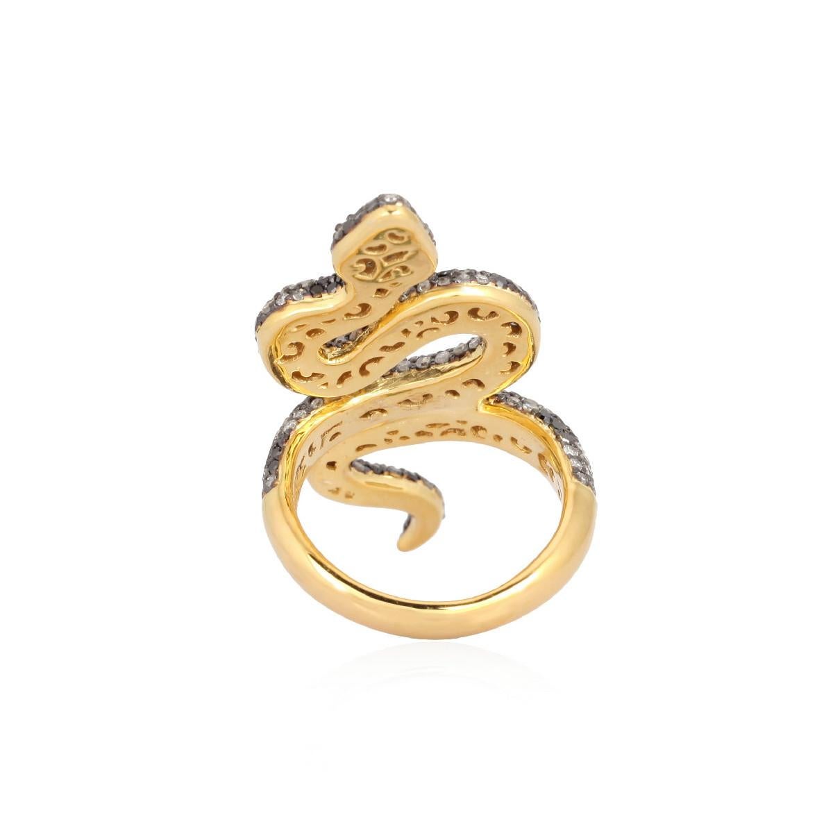 Contemporary Long Snake Diamonds and Tsavorites ring  in 18k Gold & Silver For Sale