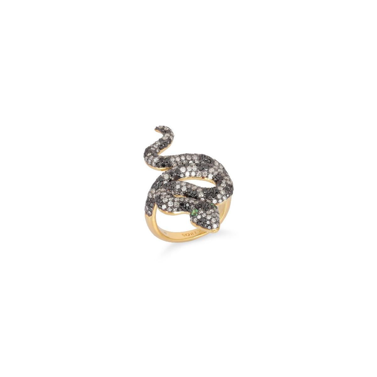 Taglio brillante Anello Long Snake con diamanti e zavoriti  in oro e argento 18 carati in vendita
