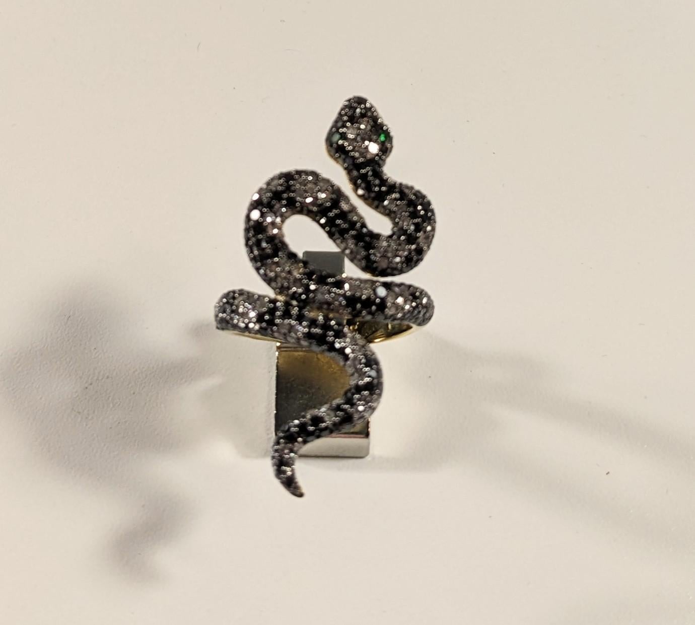 Women's Long Snake Diamonds and Tsavorites ring  in 18k Gold & Silver For Sale