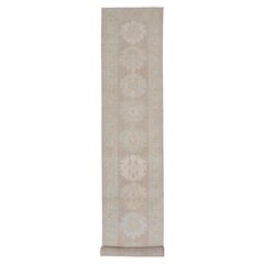 Long Soft Oushak Runner with Sand Field and Pale Green and Blue Accents