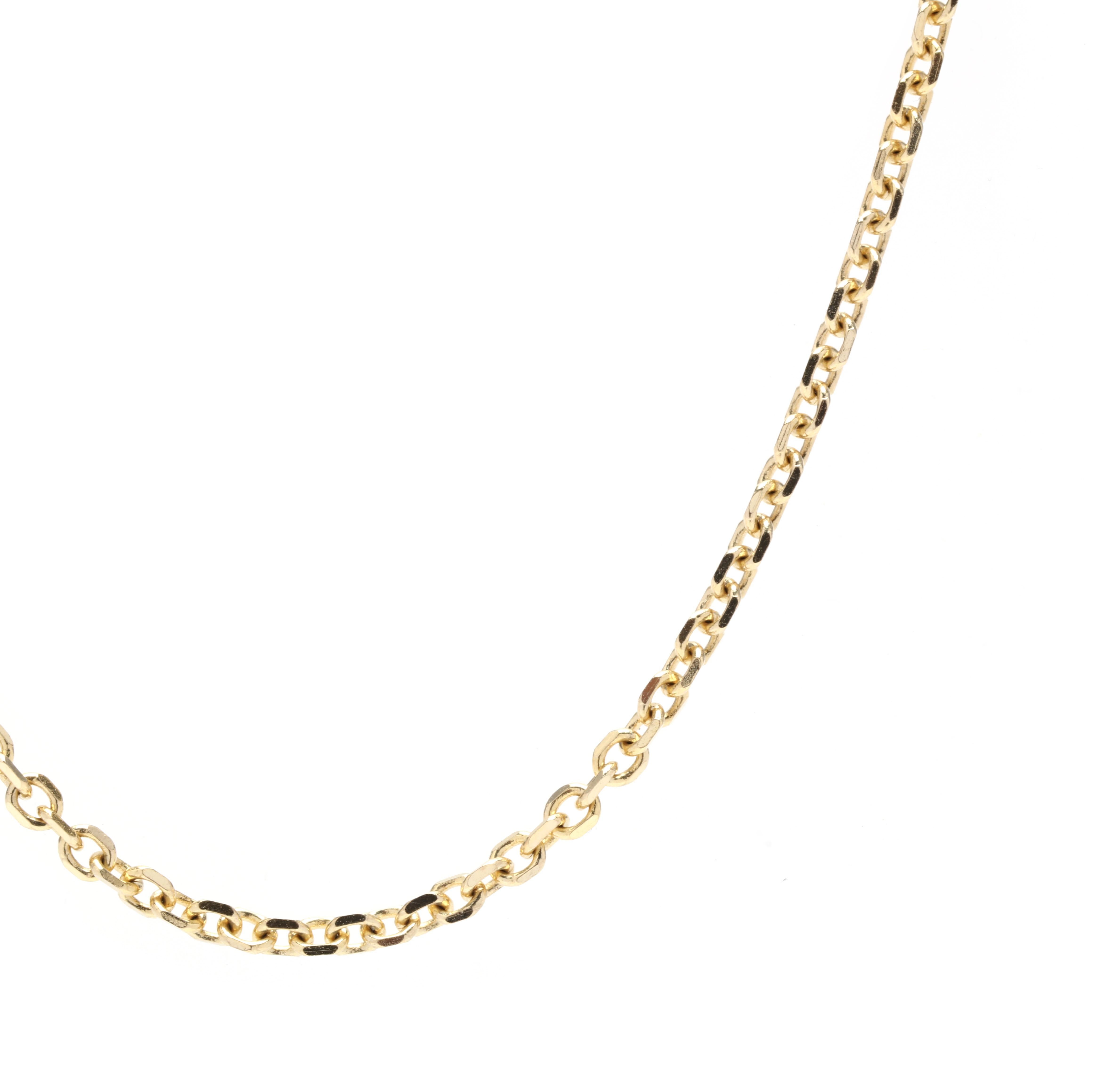 A vintage 14 Karat yellow gold long solid gold cable chain. This long simple pendant chain features solid oval links with a lobster clasp.

Length: 22 in.

Width: 1.25 mm

Weight: 3.3 dwts. / 5.13 grams

Stamps: 14K

Ring Sizings &