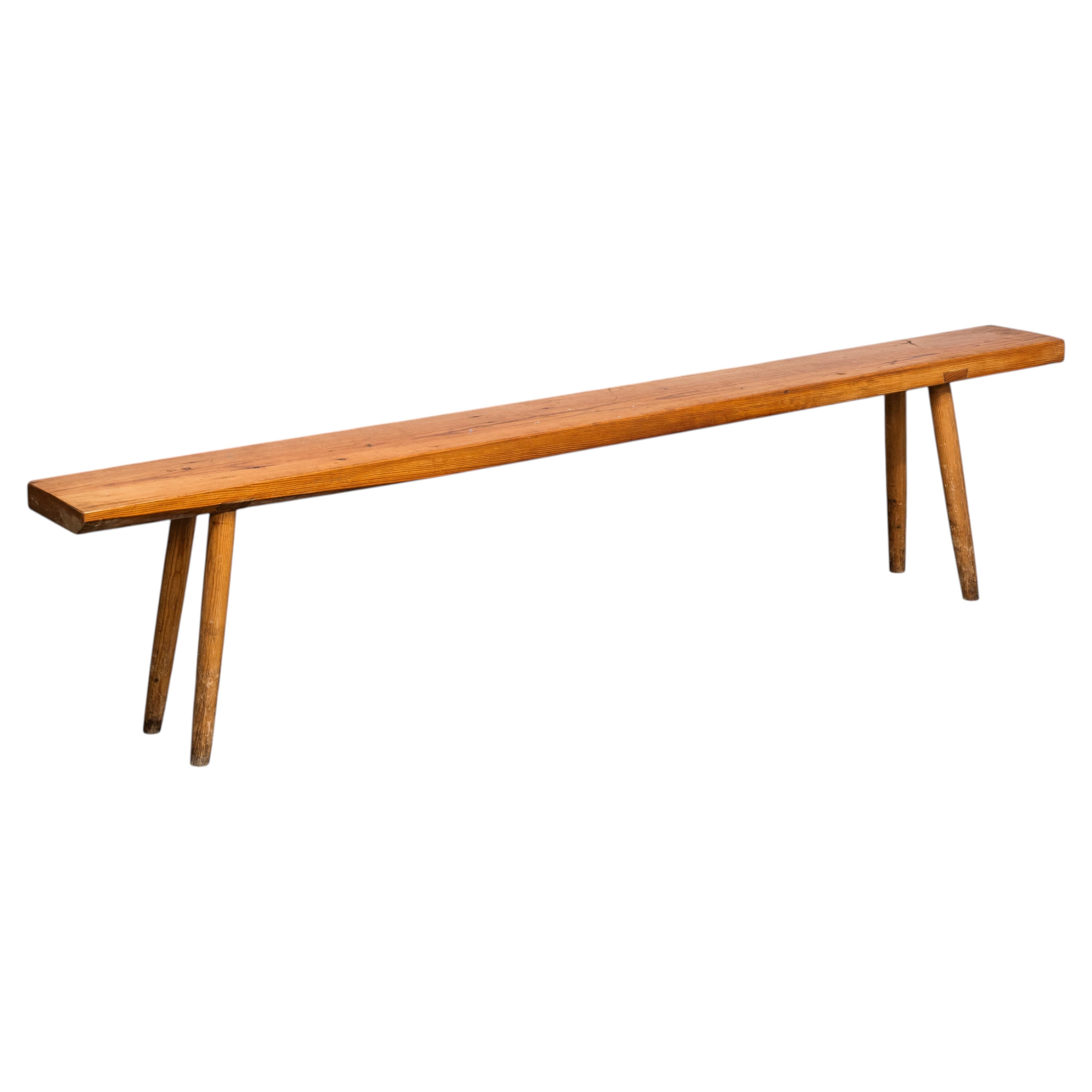 Long Solid Pine Bench from Scandinavia, Mid-20th Century