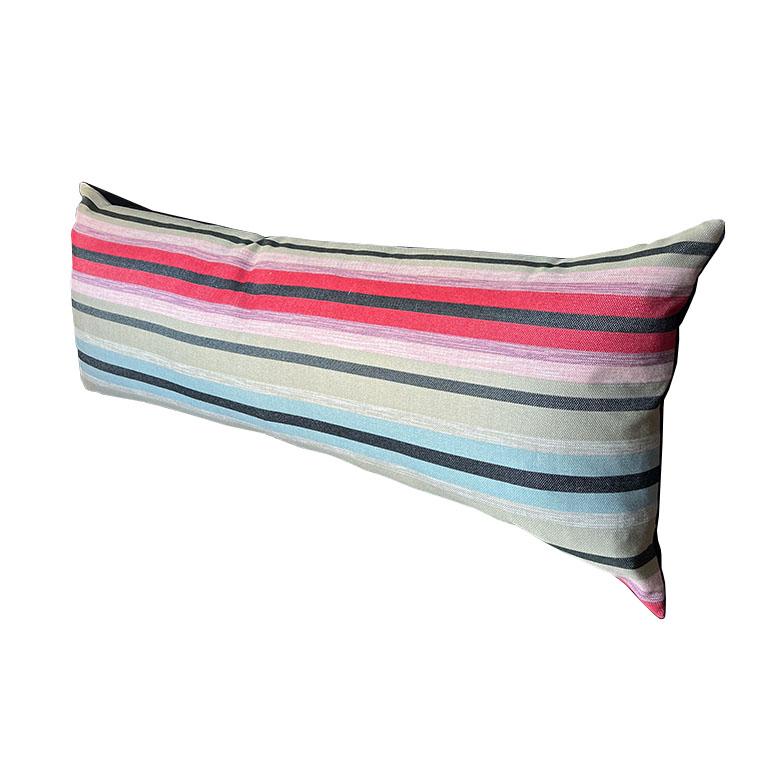 Fabric Long South West Sunbrella Outdoor Lumbar Pillow in Pink Stripes & Down Filling For Sale
