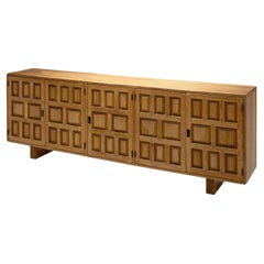 Long Spanish Brutalist Panel Cabinet in Oak, Spain 1960s