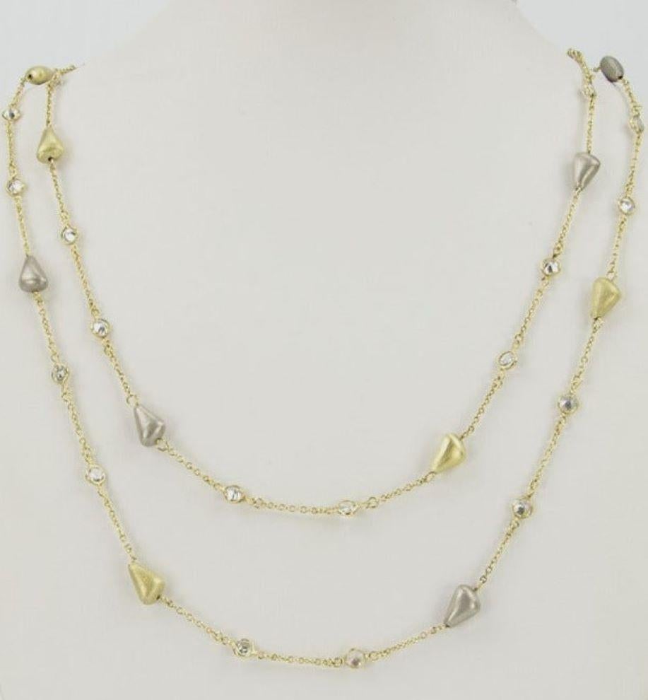 Long Sparkling Faux Diamond and 2-Tone Free Form Beads Sterling Silver Necklace  In Excellent Condition For Sale In Montreal, QC