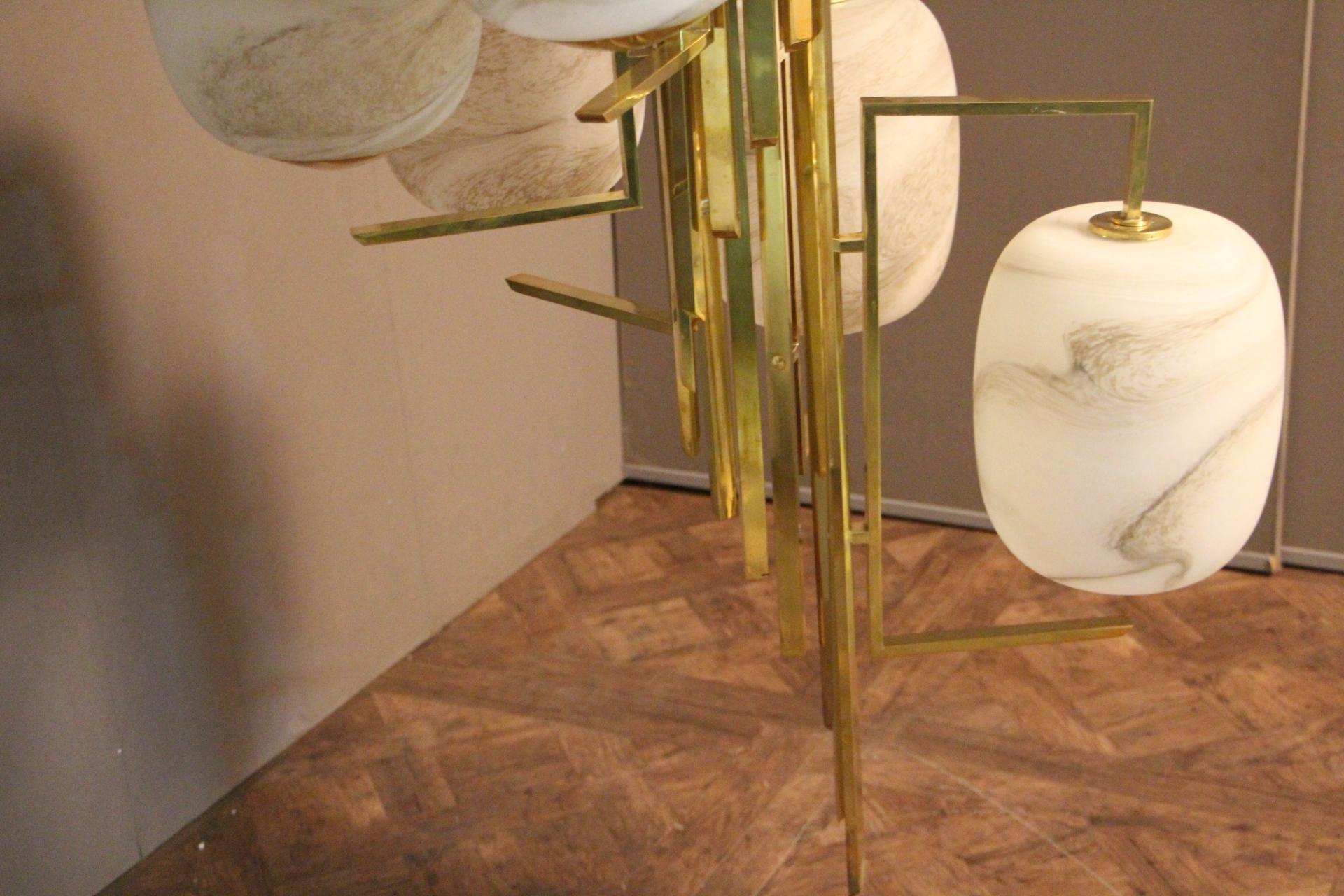 Long Spiral Chandelier in Brass and Murano Glass Globes Looking like Alabaster 6