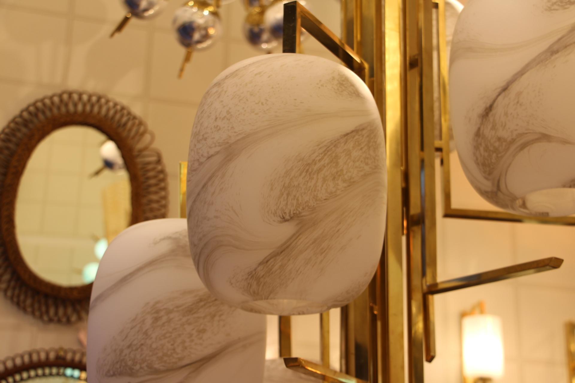Long Spiral Chandelier in Brass and Murano Glass Globes Looking like Alabaster 11