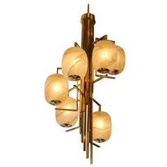 Long Spiral Chandelier in Brass and Murano Glass Globes Looking like Alabaster