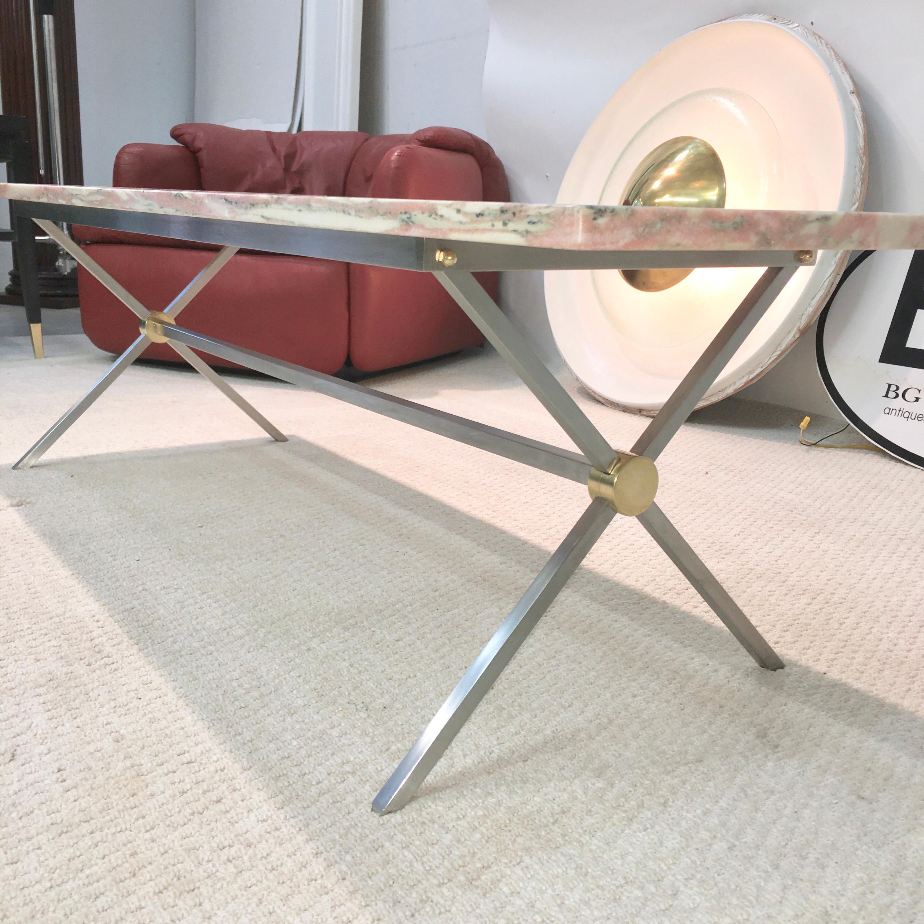 Mid-Century Modern Brancusi Stainless and Brass X-Base Cocktail Table with Norwegian Rose Marble