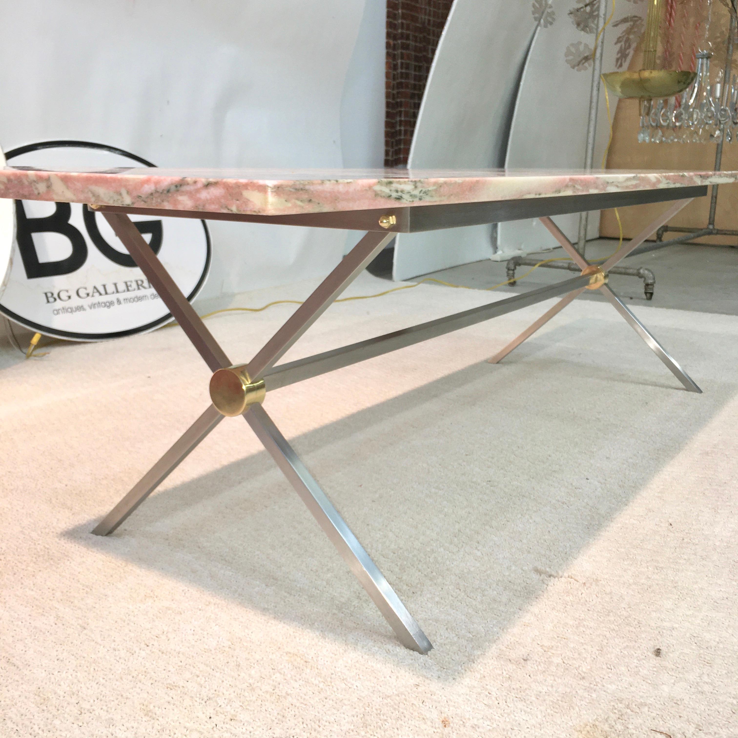 Italian Brancusi Stainless and Brass X-Base Cocktail Table with Norwegian Rose Marble