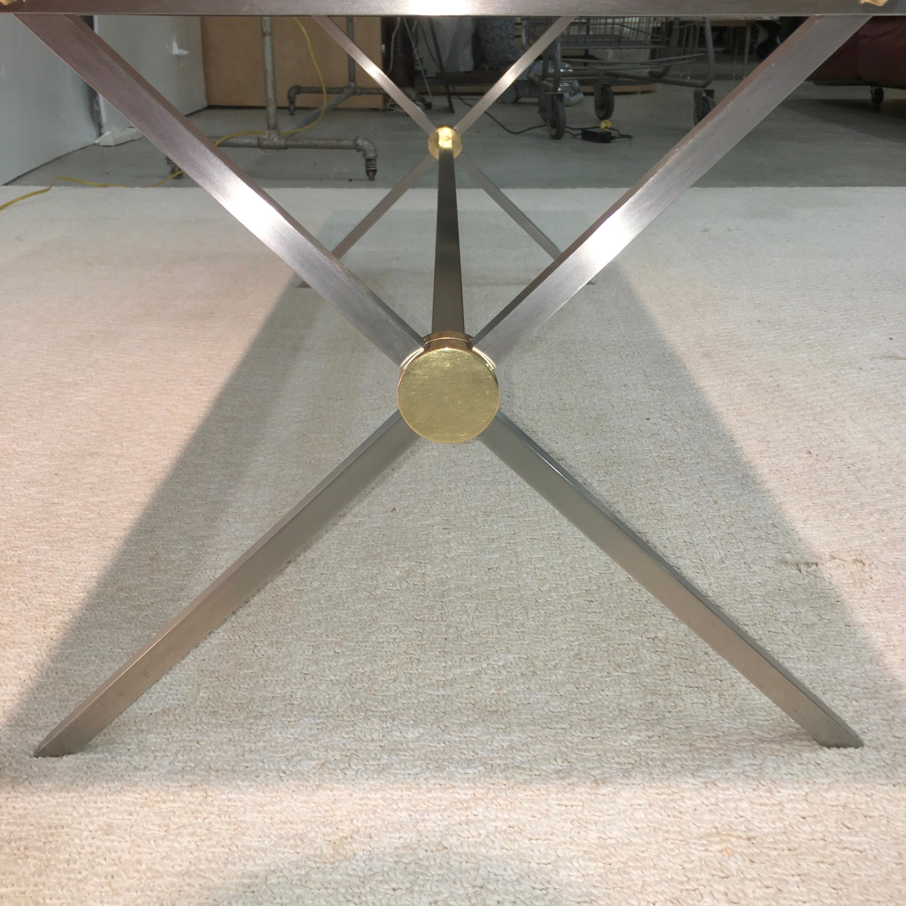 Brancusi Stainless and Brass X-Base Cocktail Table with Norwegian Rose Marble In Good Condition In Hanover, MA