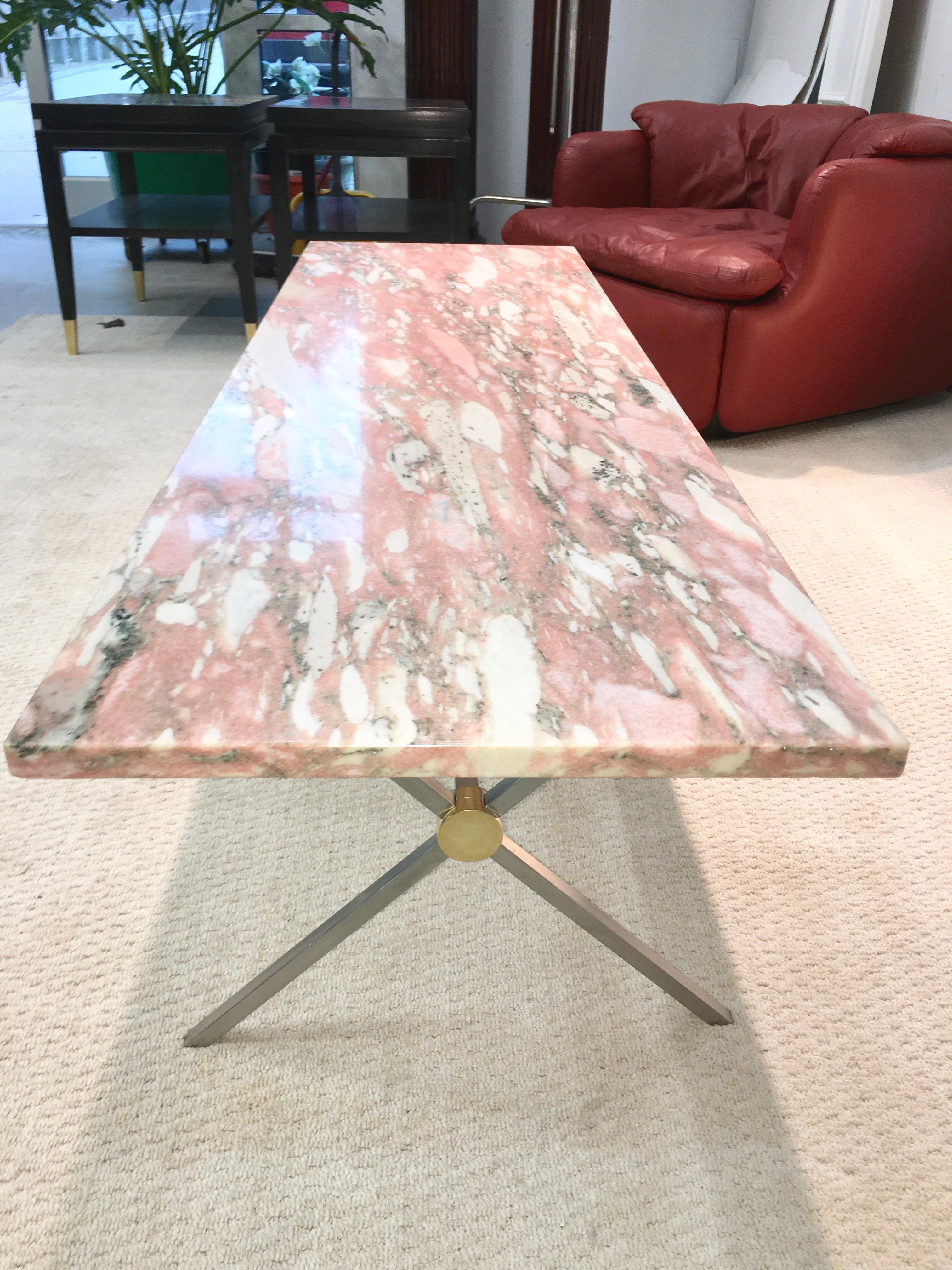 Brancusi Stainless and Brass X-Base Cocktail Table with Norwegian Rose Marble 1