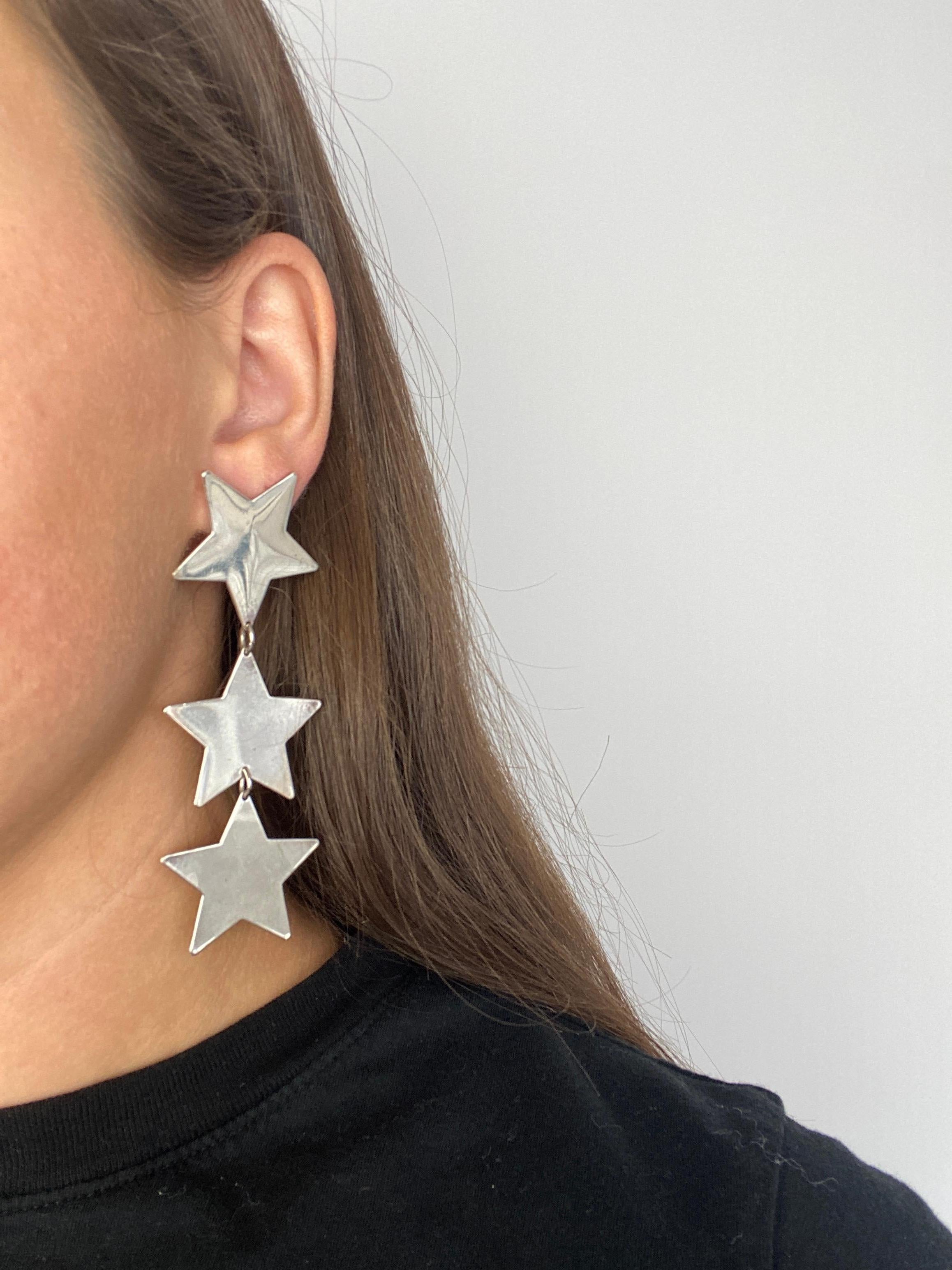 Women's or Men's Long Star Earrings, Sterling Silver, Silver Star Earrings For Sale