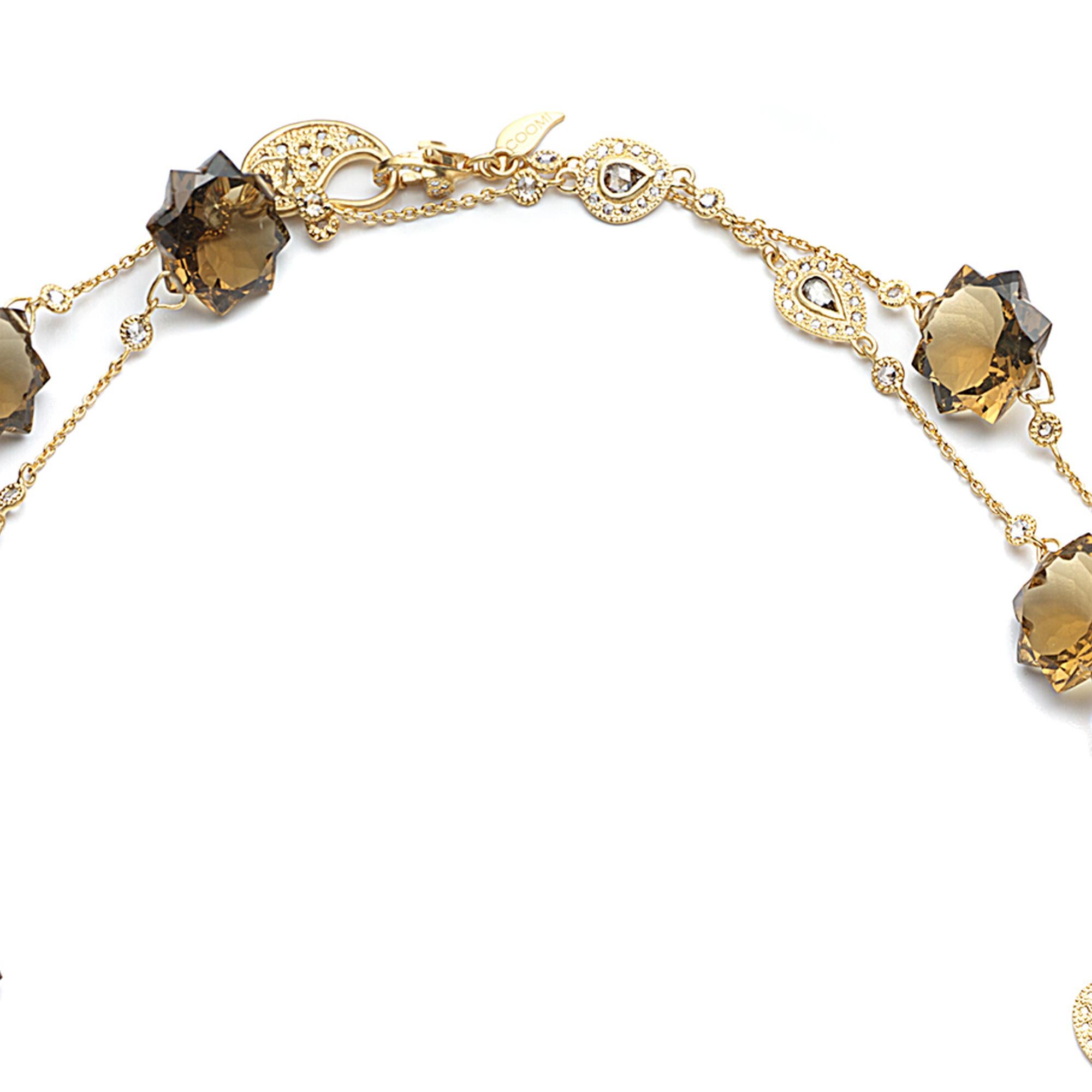 Sagrada Kaleidoscope Necklace Set in 20 karat Yellow Gold with 88.90-carat Cognac Quartz and 4.87-carat Diamonds. This necklace contains 11 starburst-style carved cognac quartz and it is part of COOMI's Sagrada Kaleidoscope Collection. 