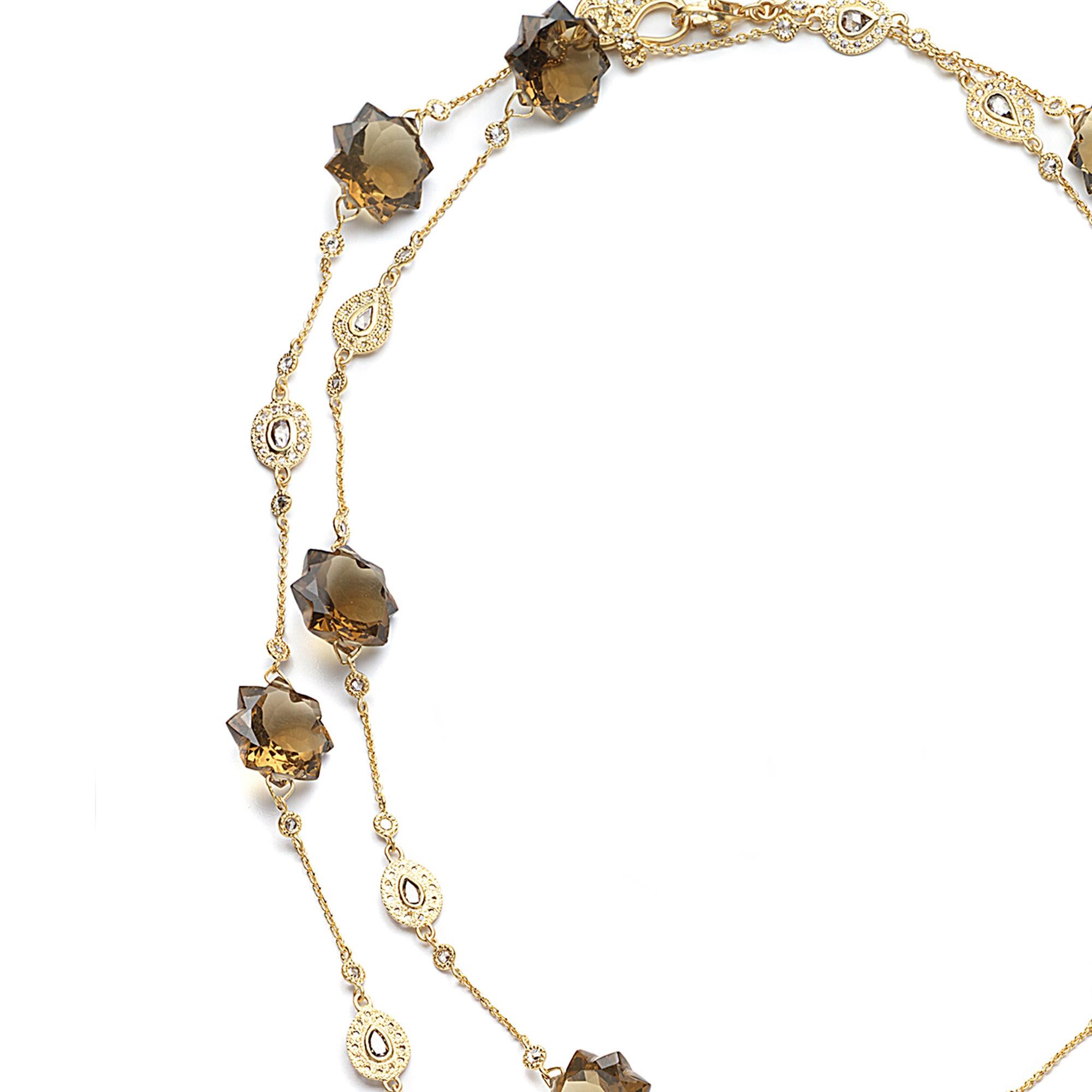 Contemporary Long Starburst Necklace in 20K Yellow Gold with Cognac Quartz and Diamonds For Sale