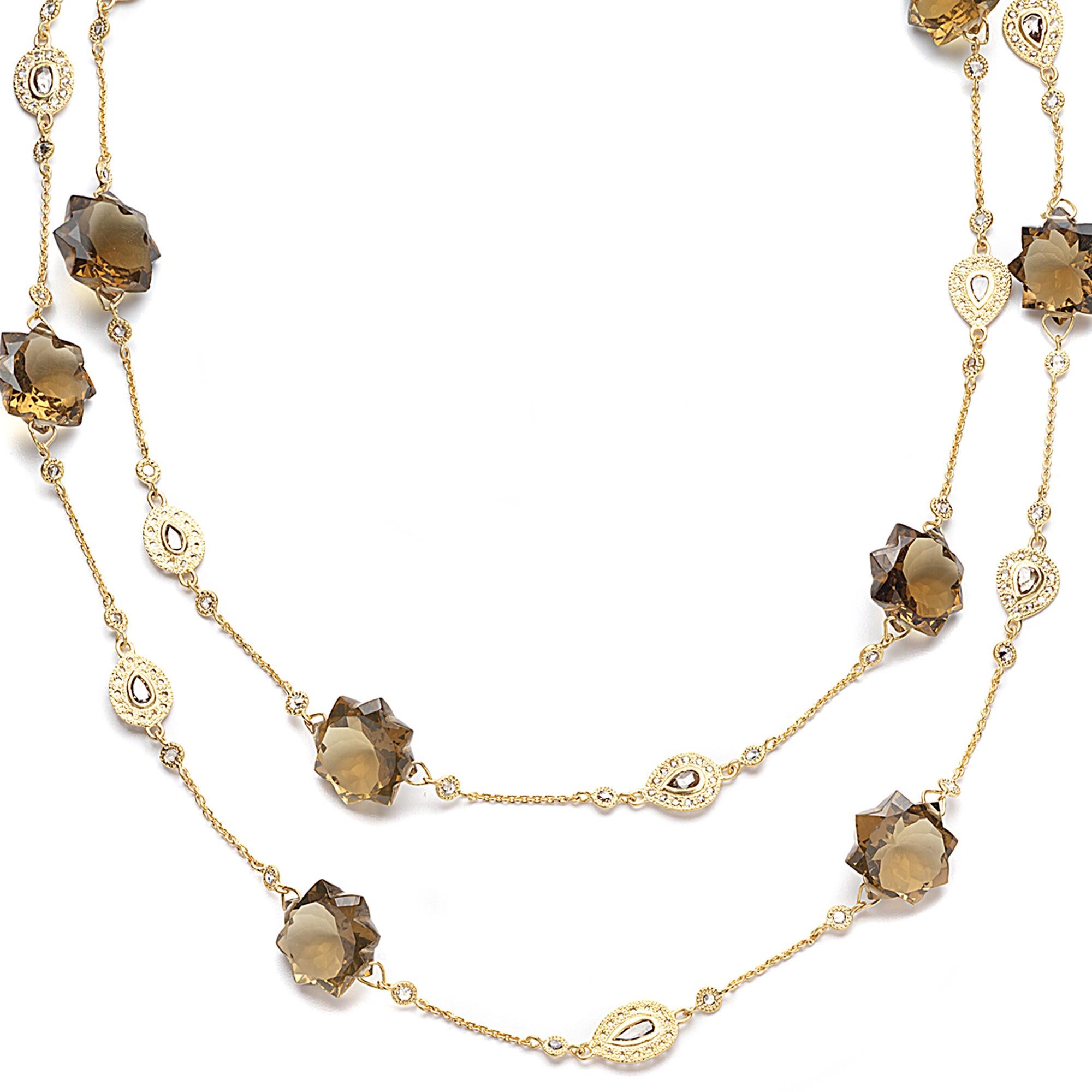 Rose Cut Long Starburst Necklace in 20K Yellow Gold with Cognac Quartz and Diamonds For Sale