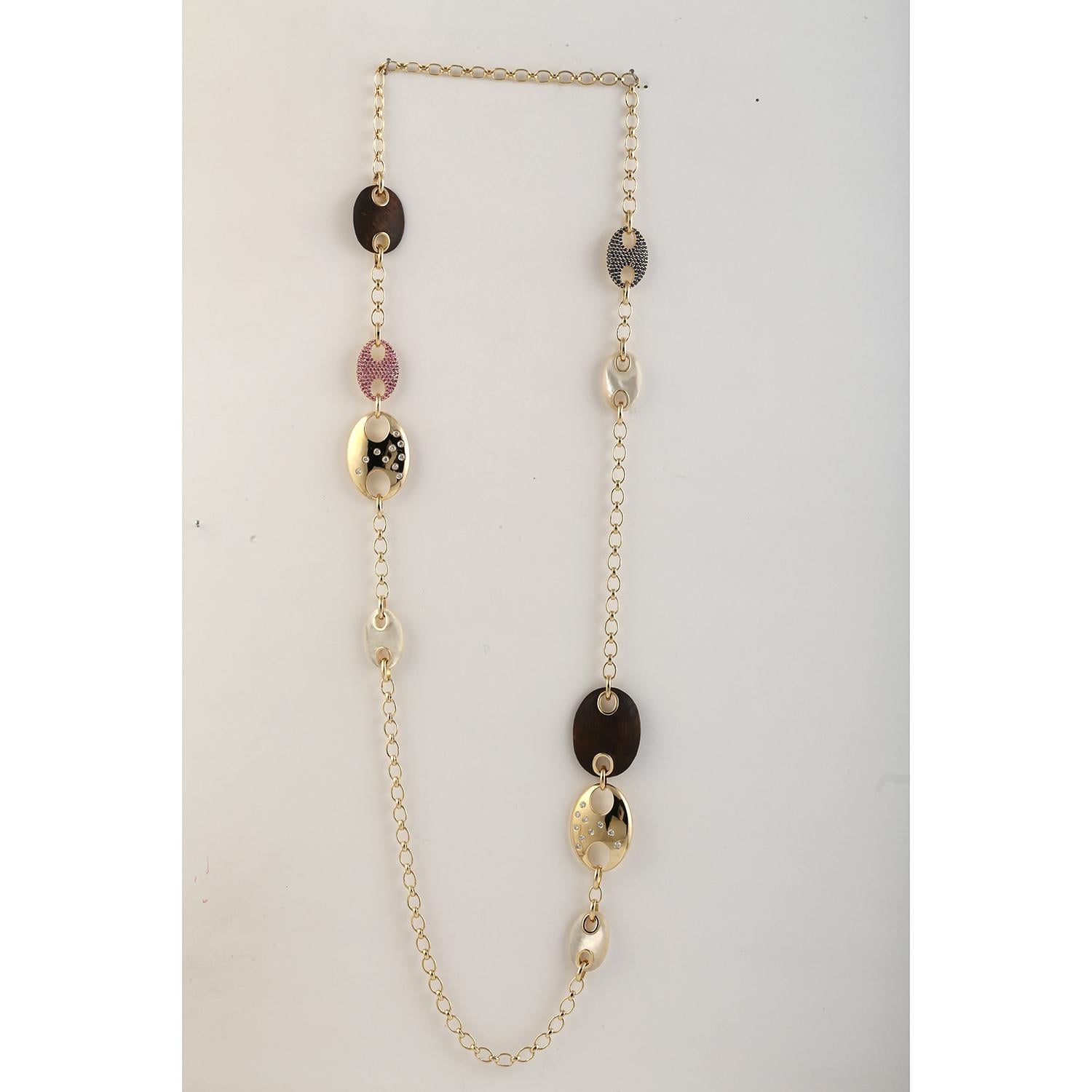 Contemporary Long Station Sapphire & MOP Chain Necklace With Diamonds Made In 14K Yellow Gold For Sale