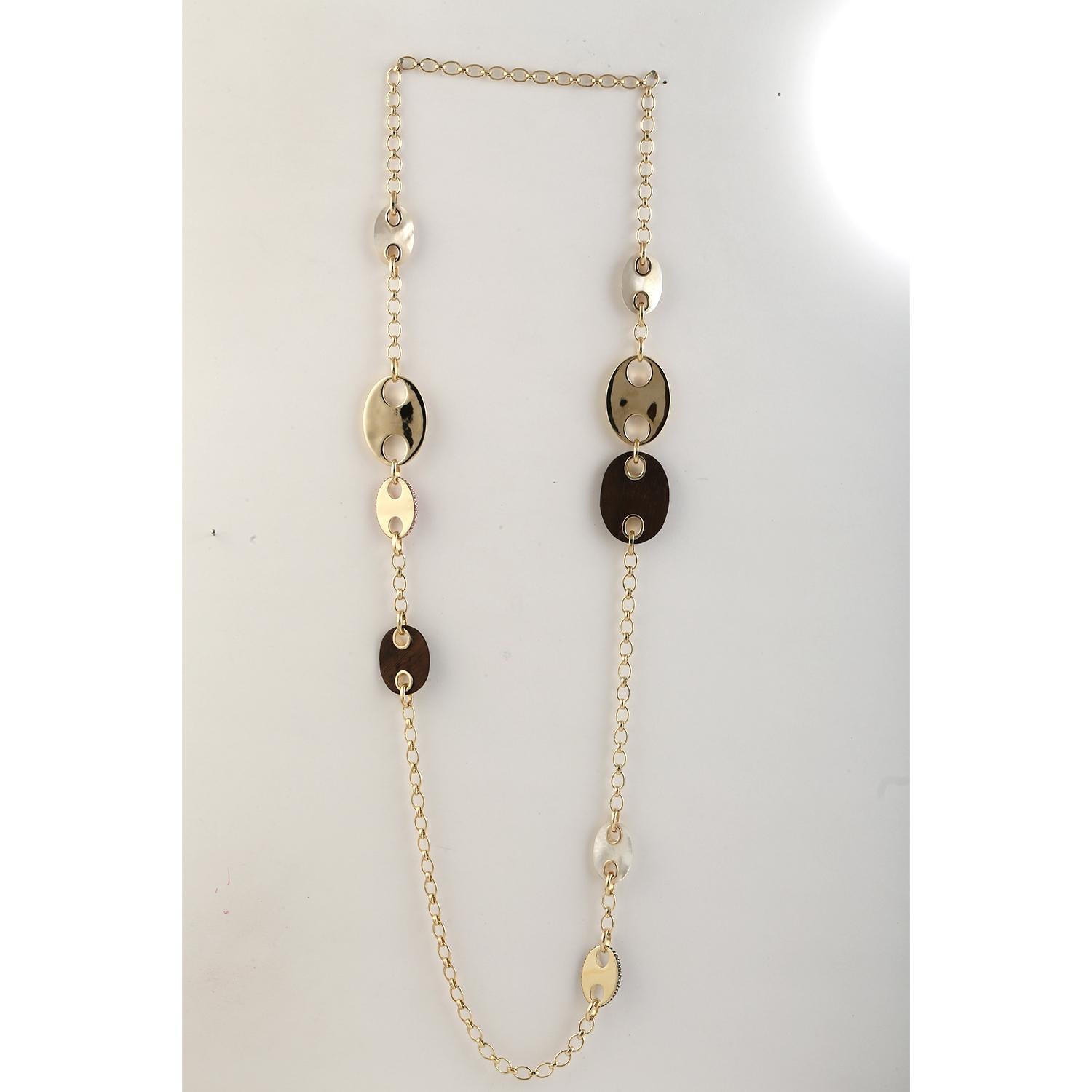 Mixed Cut Long Station Sapphire & MOP Chain Necklace With Diamonds Made In 14K Yellow Gold For Sale