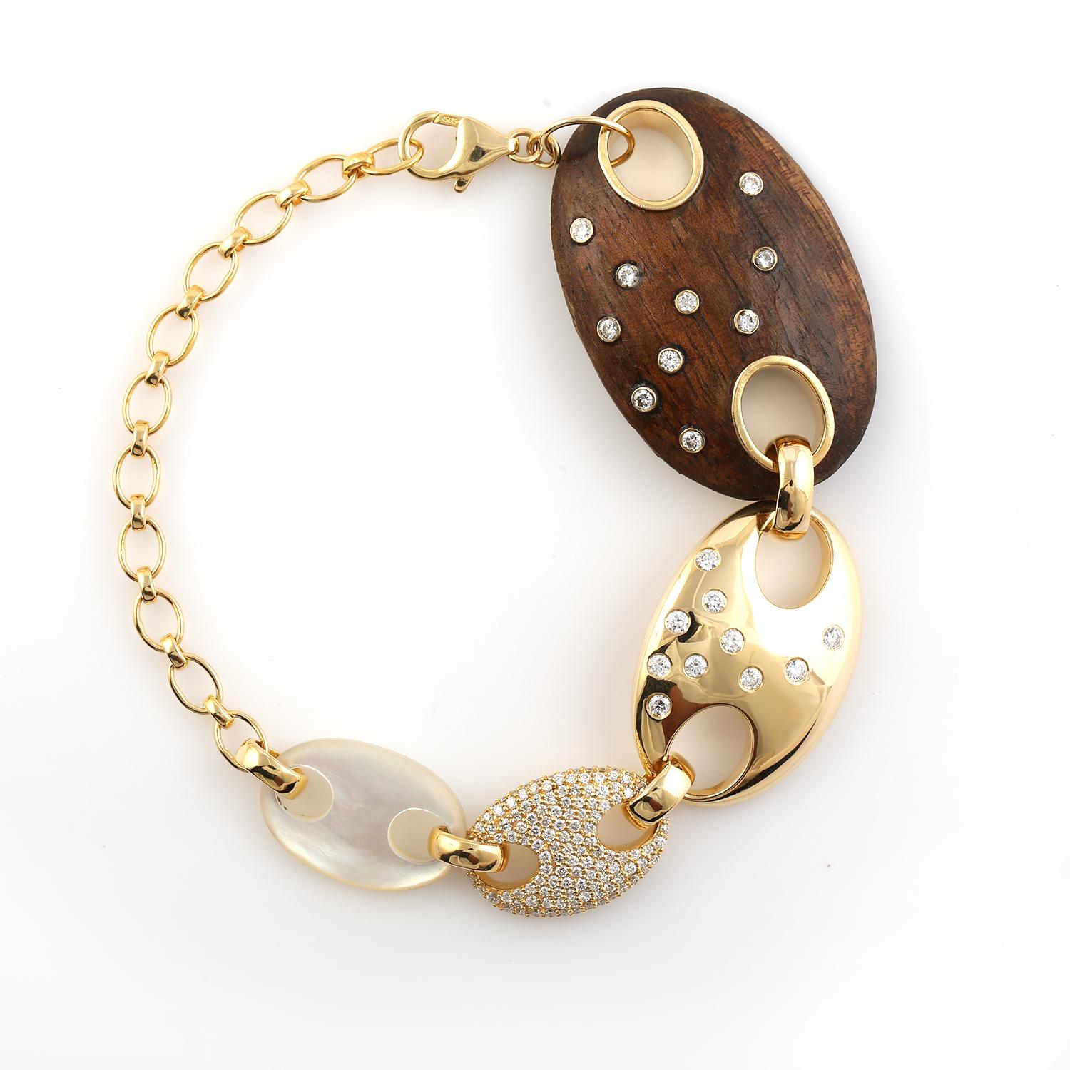 Contemporain Bracelet longue station saphir et MOP fixe et flexible avec diamants en or jaune en vente