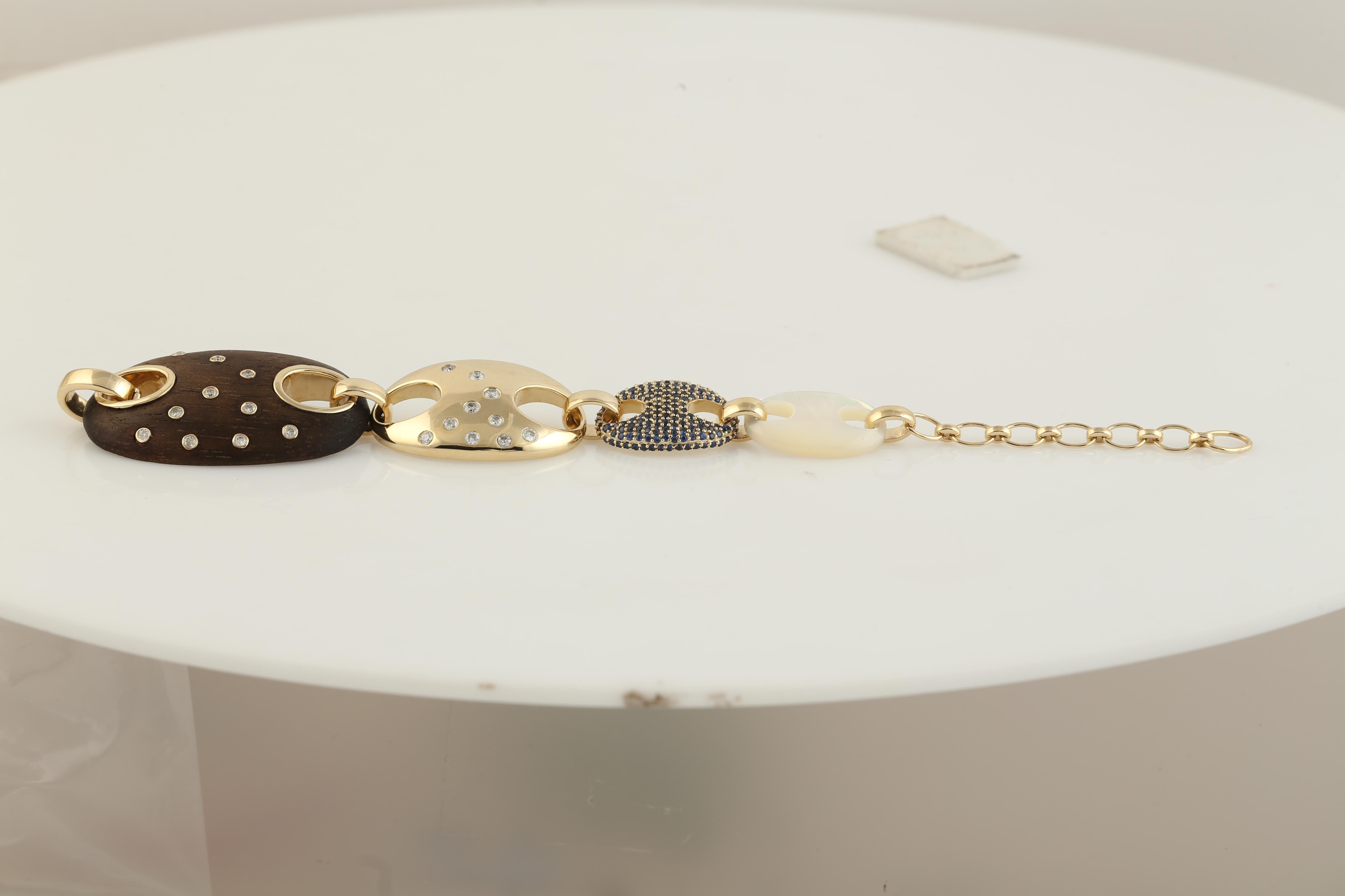 Contemporain Bracelet long saphir et MOP fixe et flexible avec diamants en 14K en vente