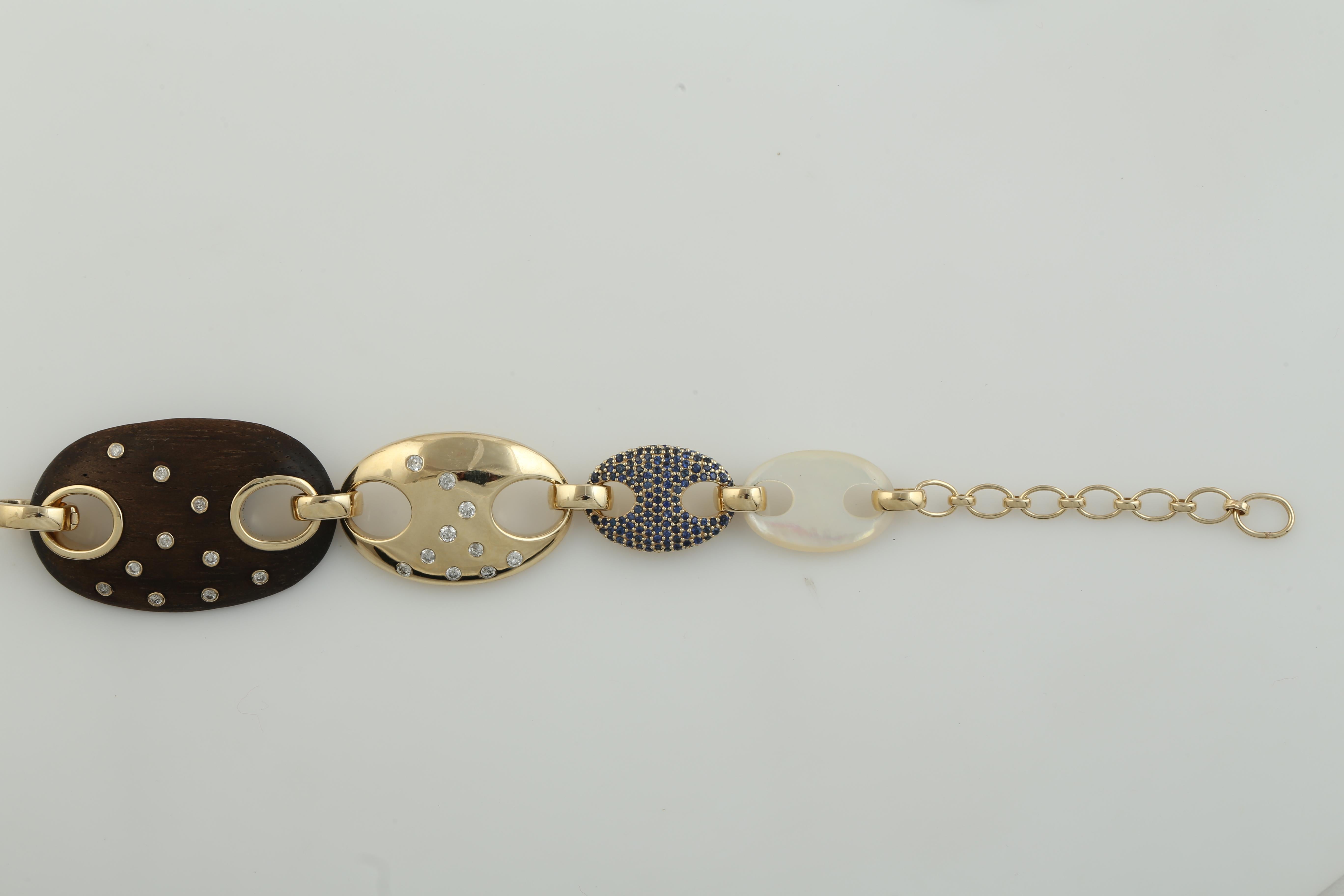 Mixed Cut Long Station Sapphire & MOP Fixed & Flexible Bracelet w/ Diamonds Made In 14K For Sale