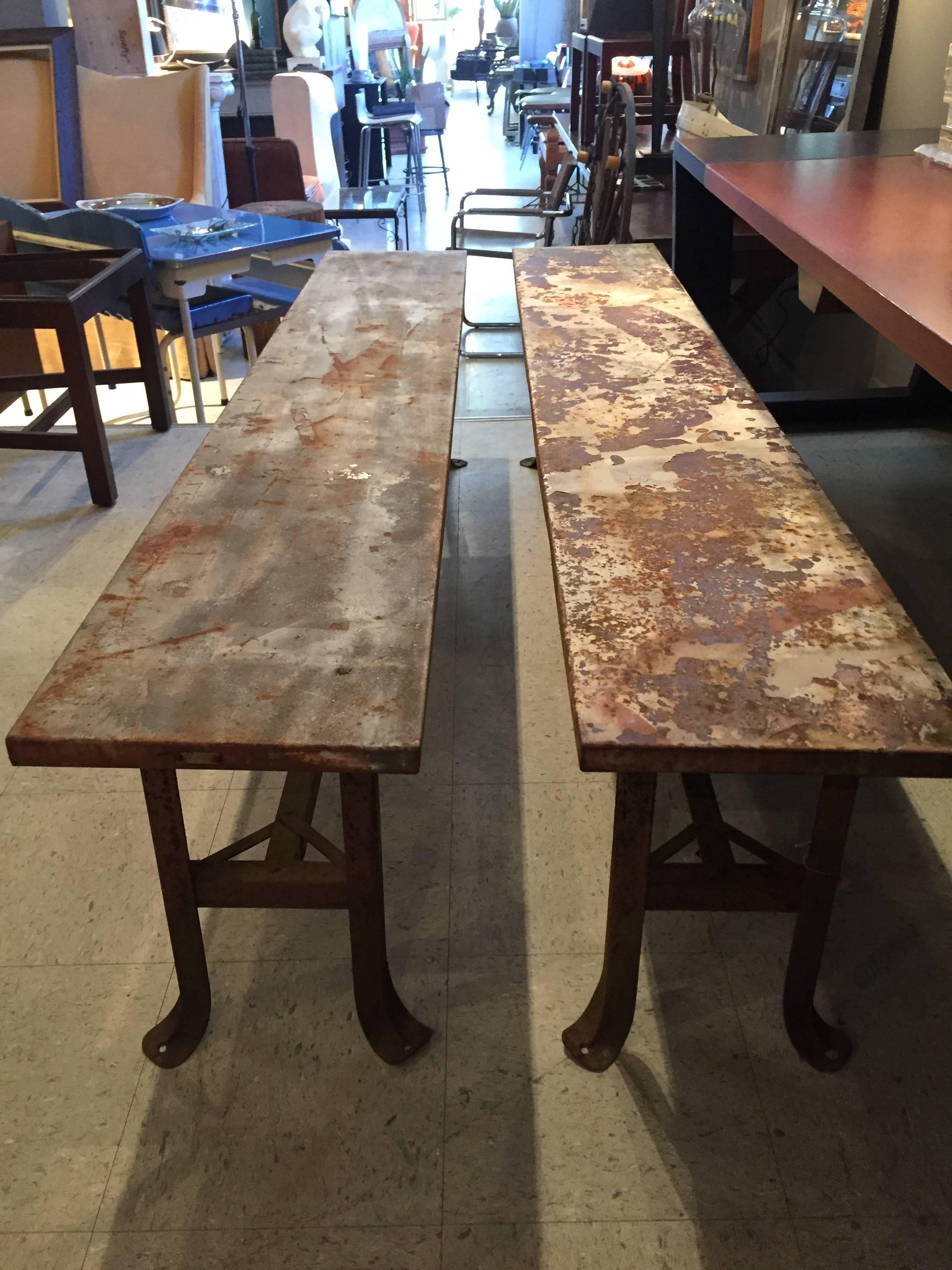 Mid-20th Century Long Steel Industrial Benches For Sale