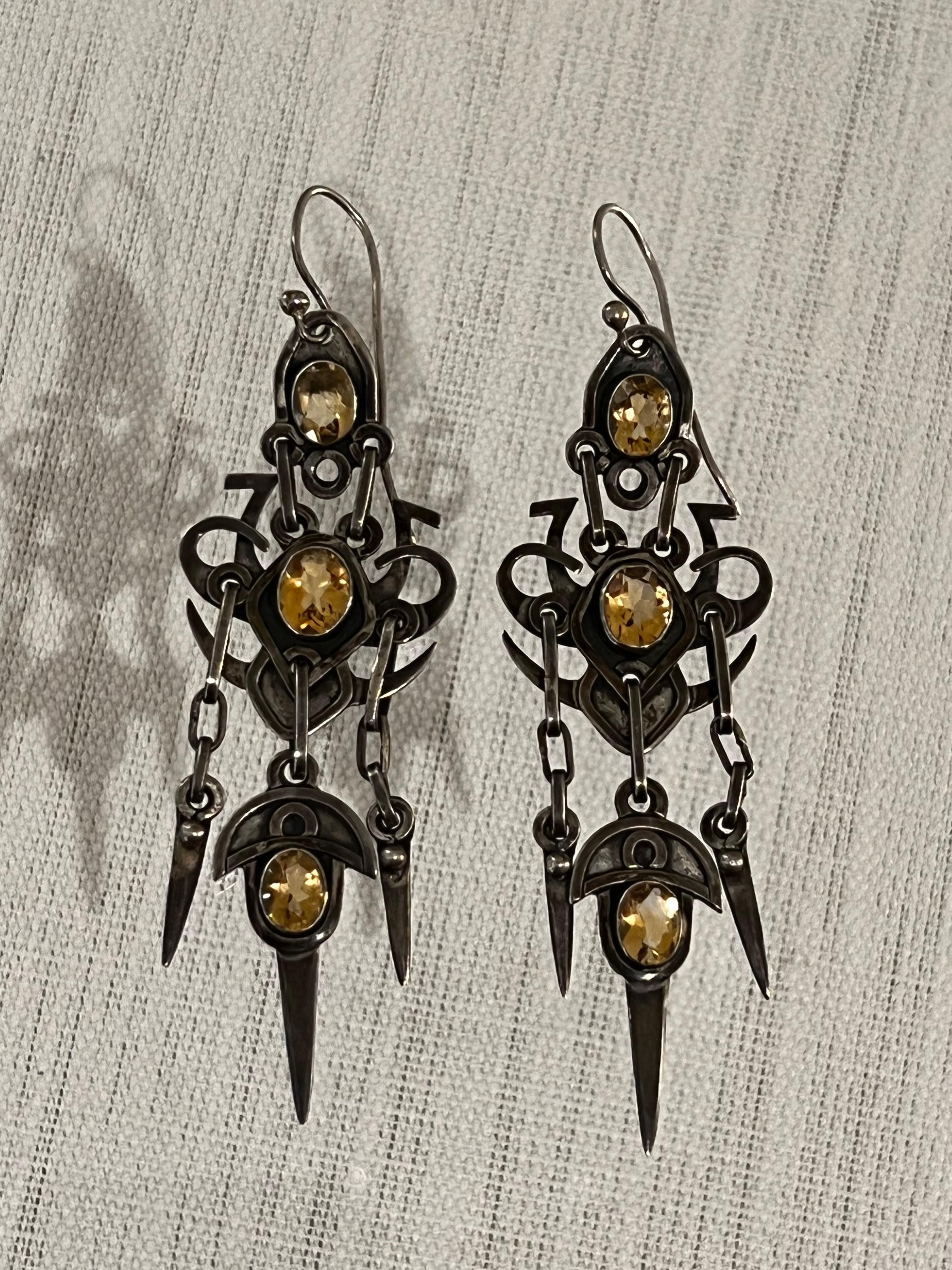Oval Cut Long Citrine and Sterling Silver Arts & Crafts Style Earrings For Sale