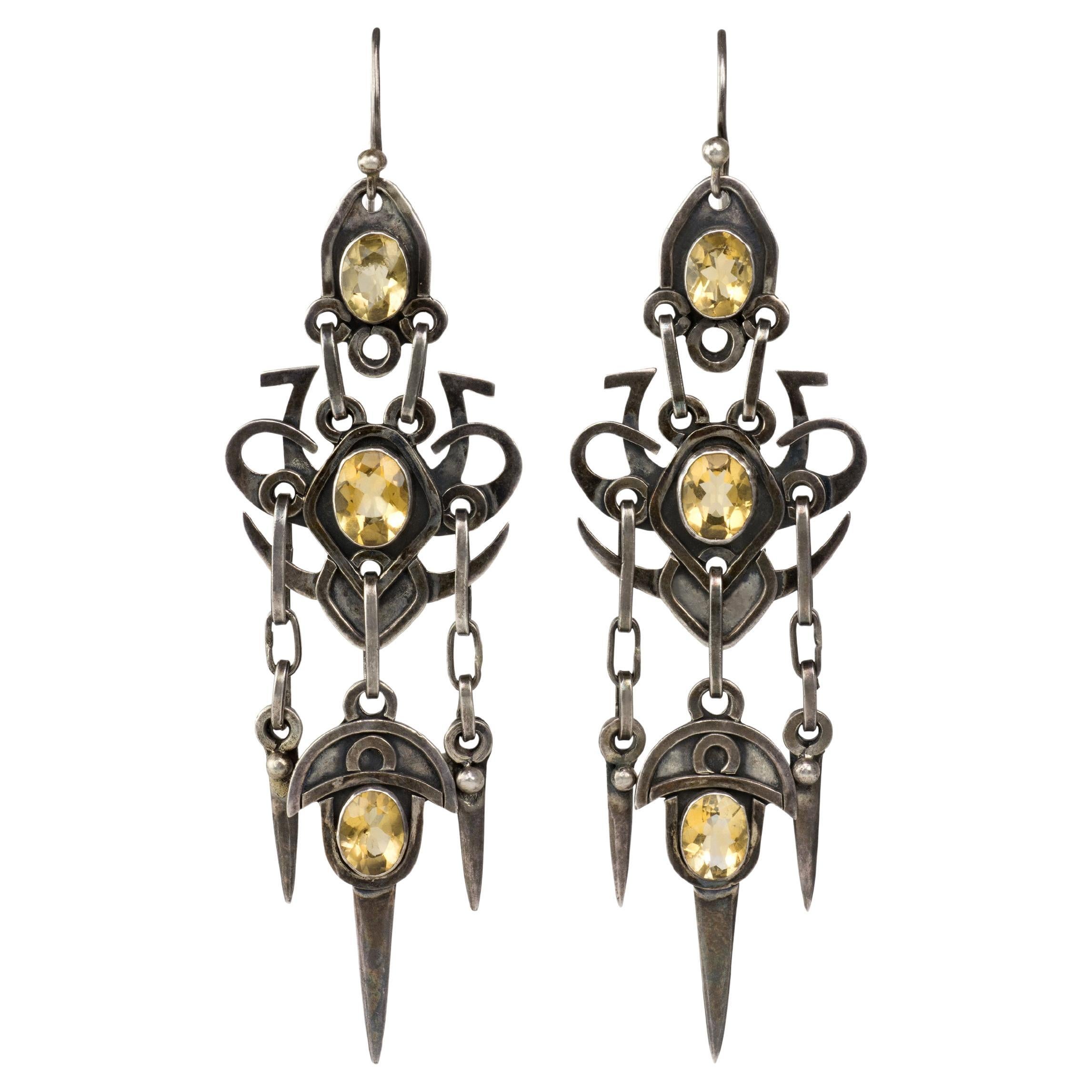 Long Citrine and Sterling Silver Arts & Crafts Style Earrings For Sale