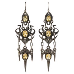 Long Citrine and Sterling Silver Arts & Crafts Style Earrings