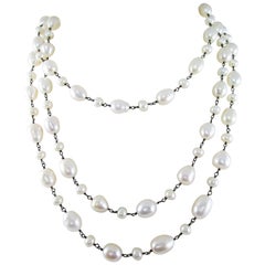 Long Sterling Silver Pearl Chain with Diamond Clasp
