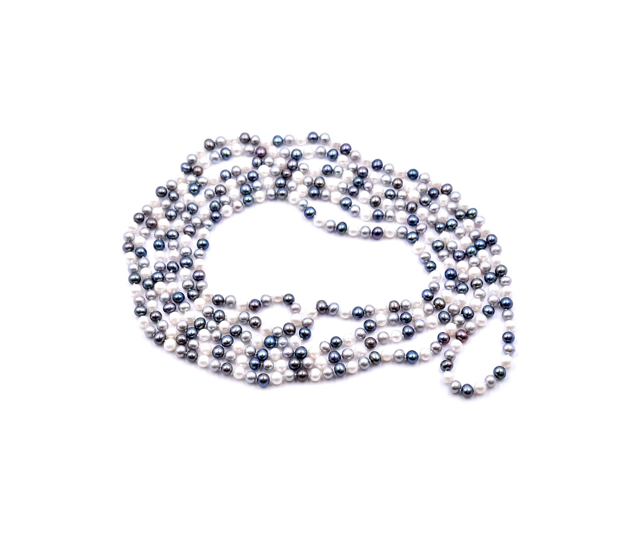 Designer: custom design
Pearls: 6.40m-7.00mm
Dimensions: necklace is 105-inches long
Weight: 137.89 grams
