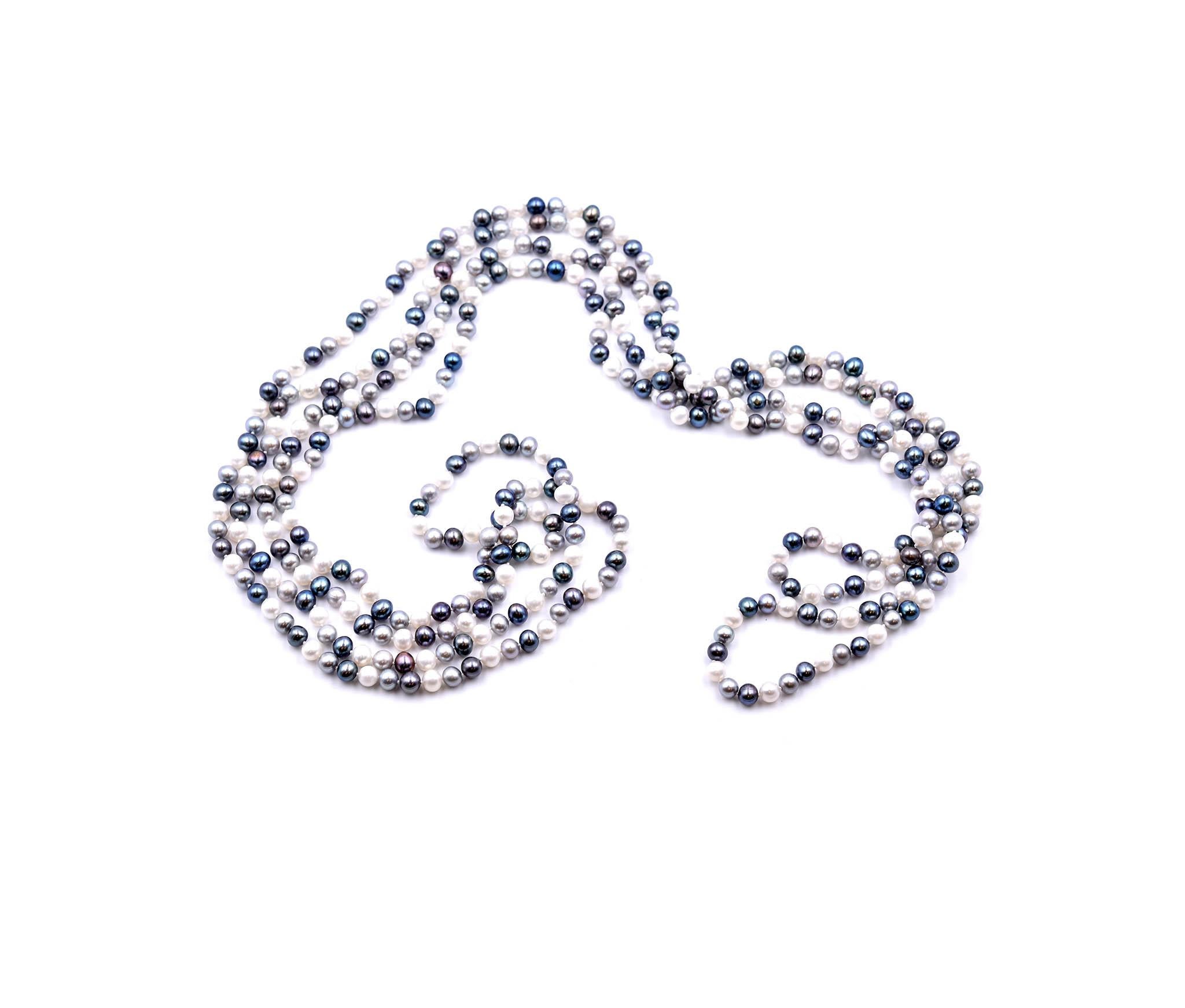 Long Strand of Black and White Cultured Freshwater Pearl Necklace In Excellent Condition In Scottsdale, AZ