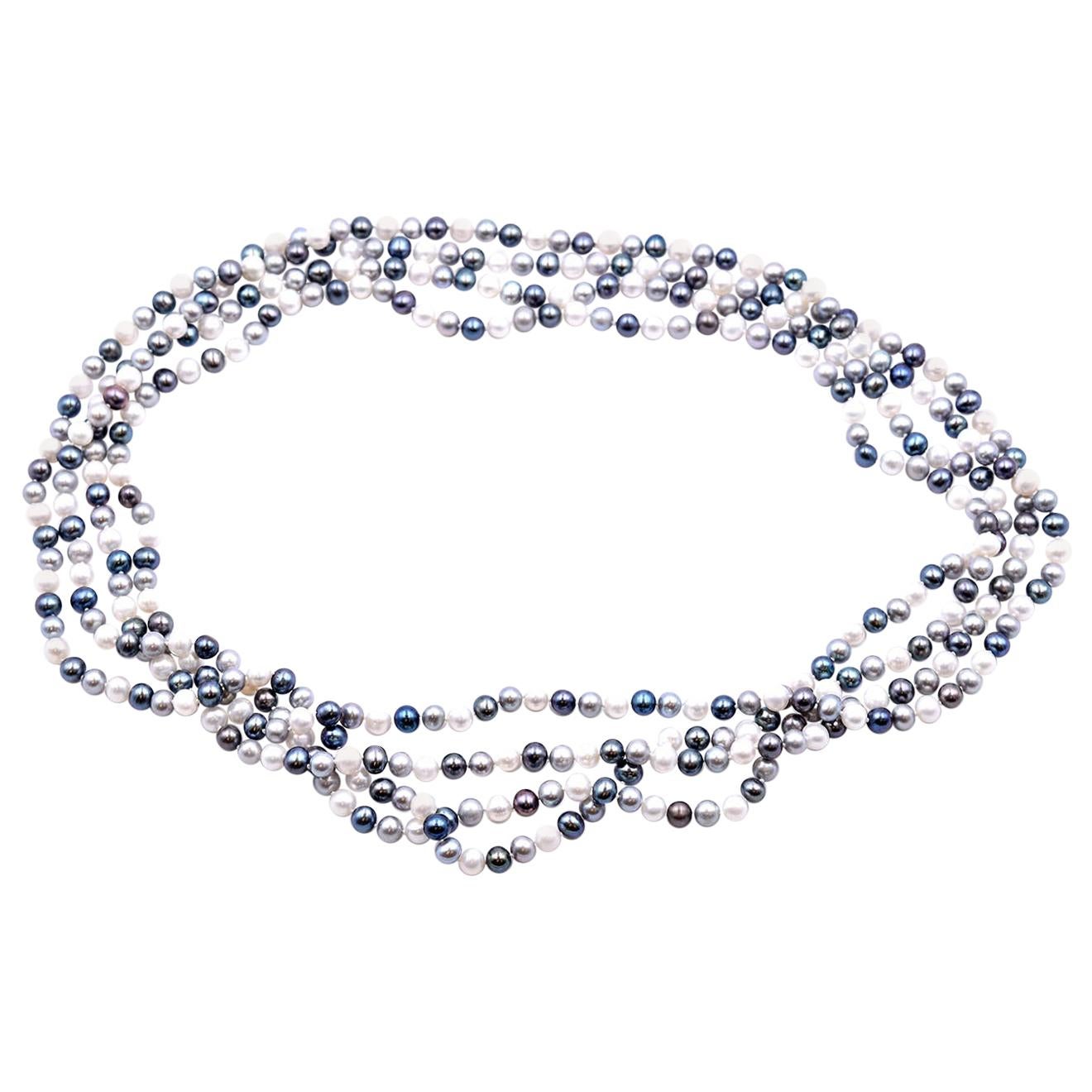 Long Strand of Black and White Cultured Freshwater Pearl Necklace