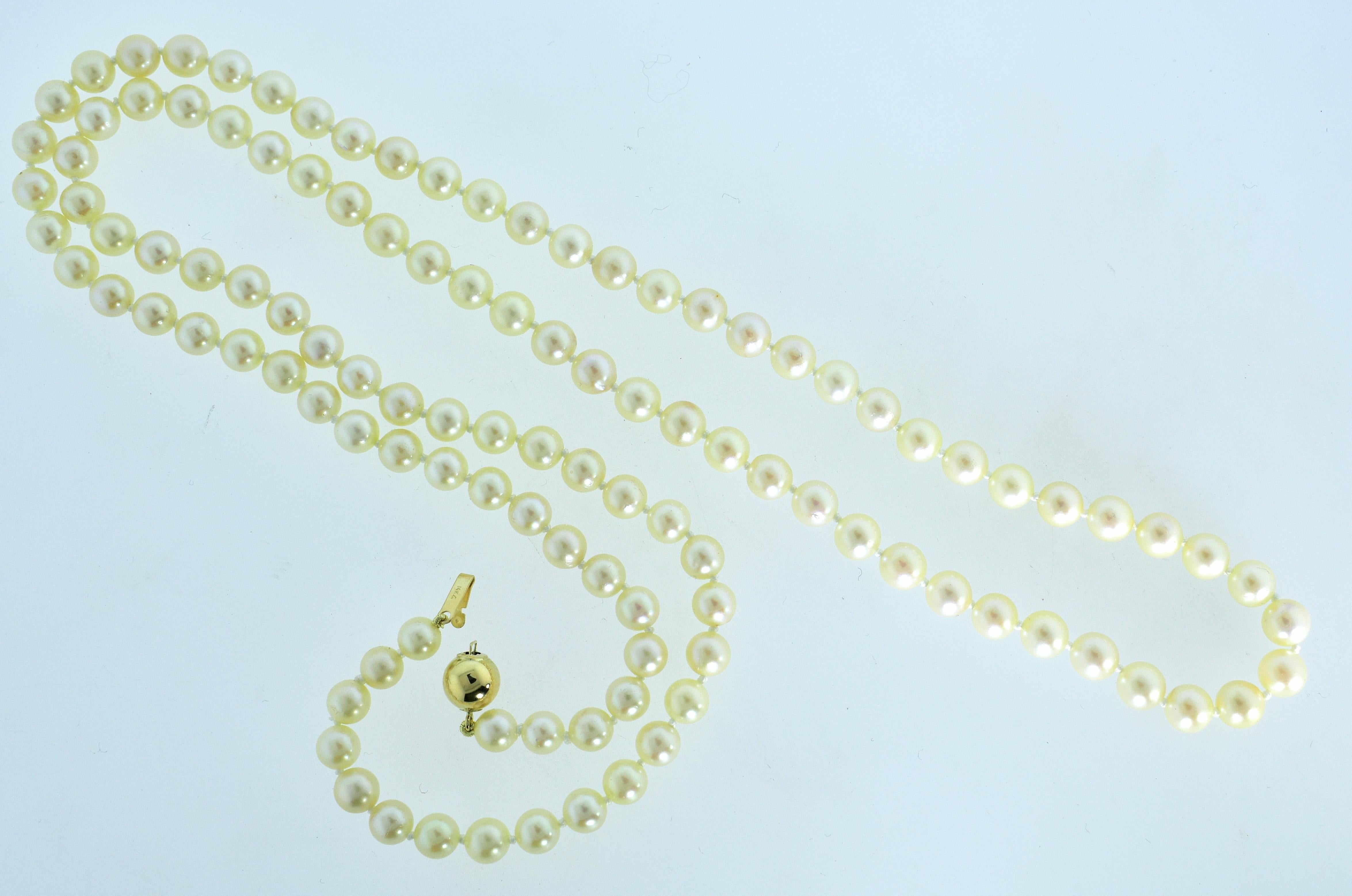 Long strand, 32 inches in length, with 112 pearls and finished with a 14K clasp, the pearls are salt water, round with luster, they range in size from 6.02 mm up to 6.68 mm.  This strand can be worn double over or just one long strand.  The pearls